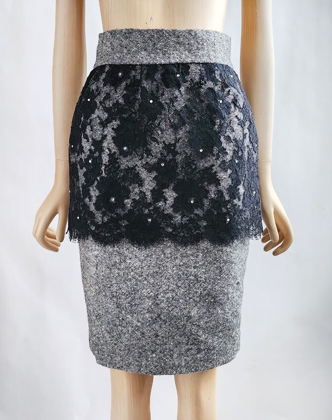 VTG Patrick Kelly Paris F/W 1989 Lace & Wool Tweed Runway Skirt