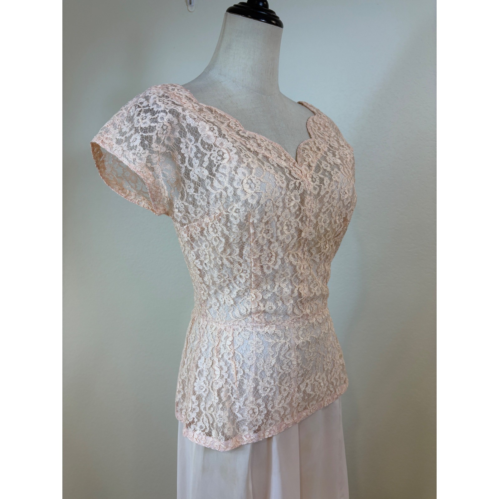 Vtg 50s Lace Top Scarf Slip Set S Pink 3pc Ensemble Romantic Formal cocktail
