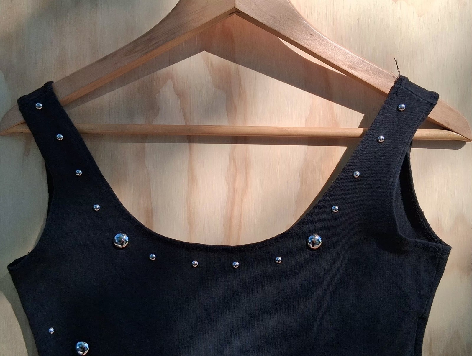 Vintage 80s Radar Black Studded Mini Dress S Stretch Bodycon Tank Silver Studs