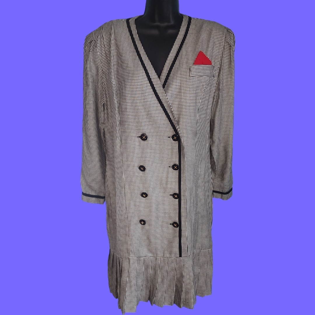 VINTAGE 80’s REO ORIGINALS Black+White Houndstooth POWER Dress Retro Size L