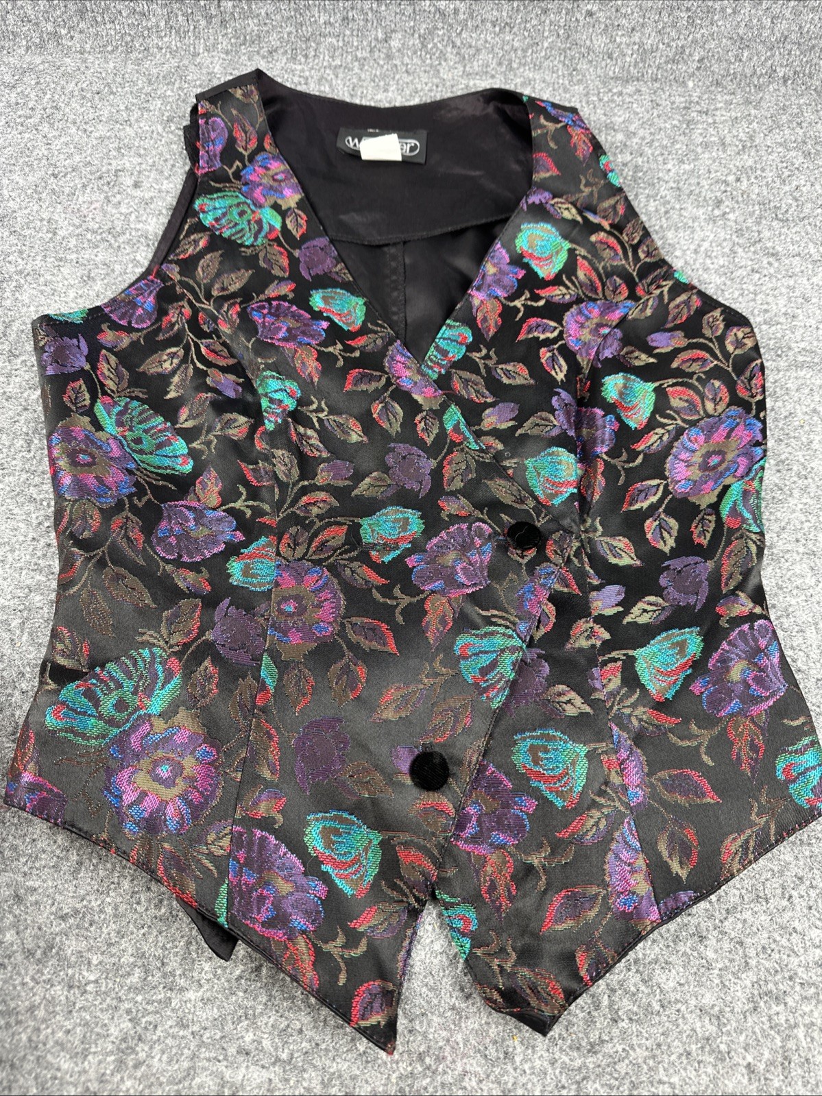 VTG 80s WRAPPER Floral Brocade Multicolor Holographic Tapestry Vest USA Women S