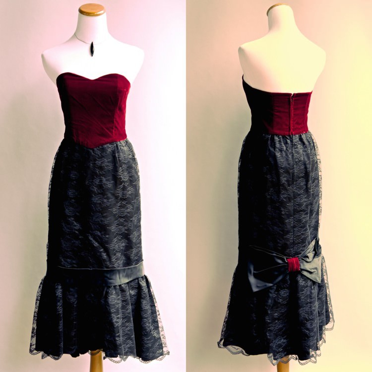 VTG 80s Goth Punk Dress Red Velvet Black Lace Victorian Formal Gown Mermaid S