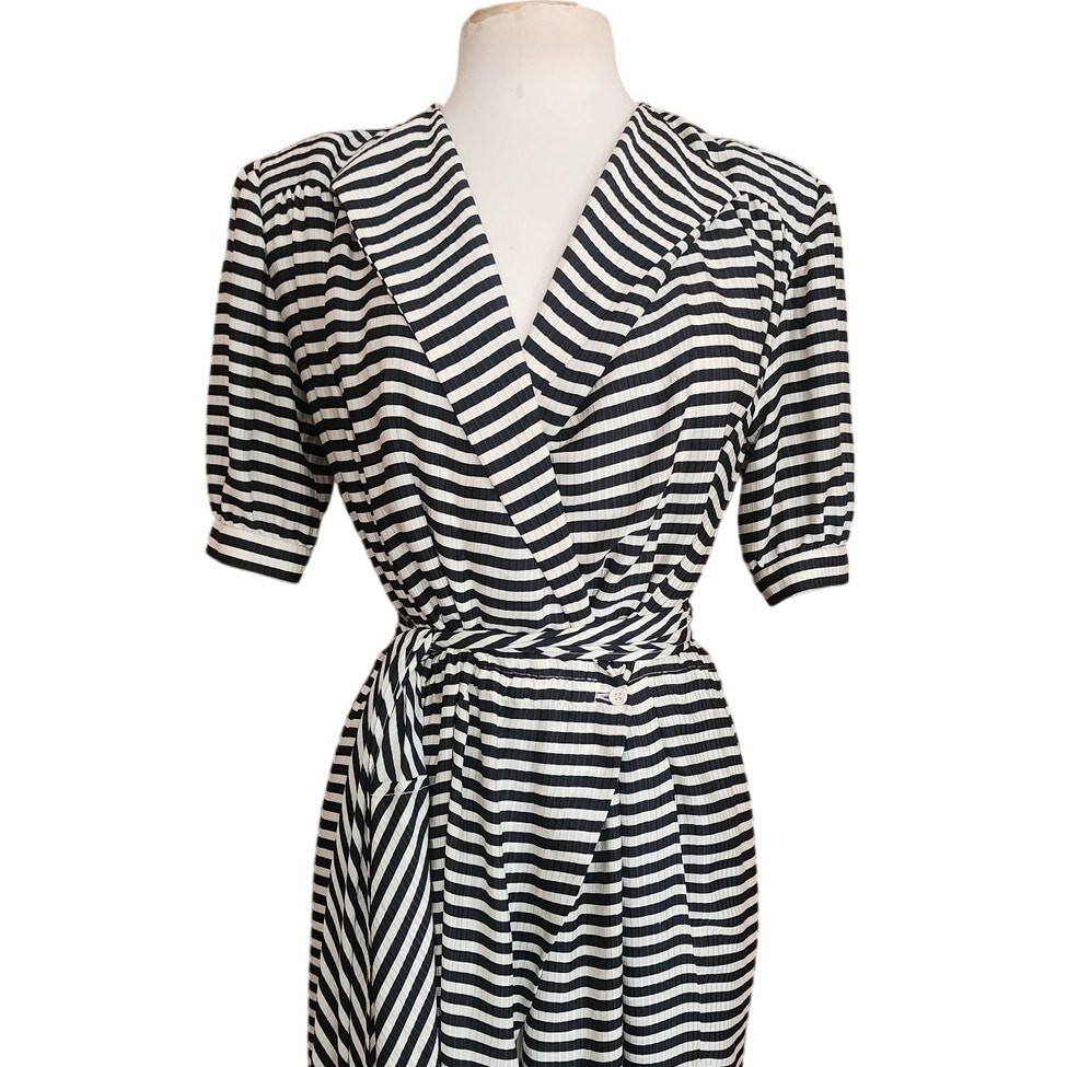 Vintage 1980s Archival Armani Dress Silk Striped Wrap Midi White Label IT 38