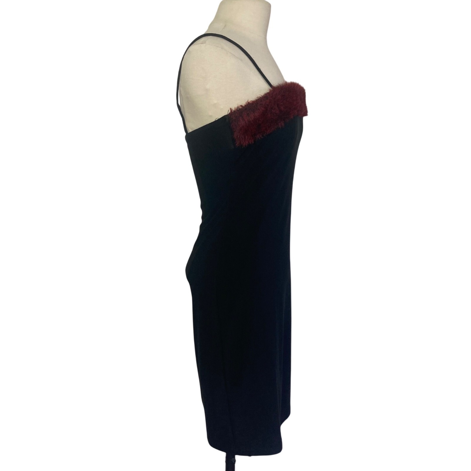 Vintage 90s Y2K Misope Mini Dress Black Medium Burgundy Faux Fur Trim USA Made