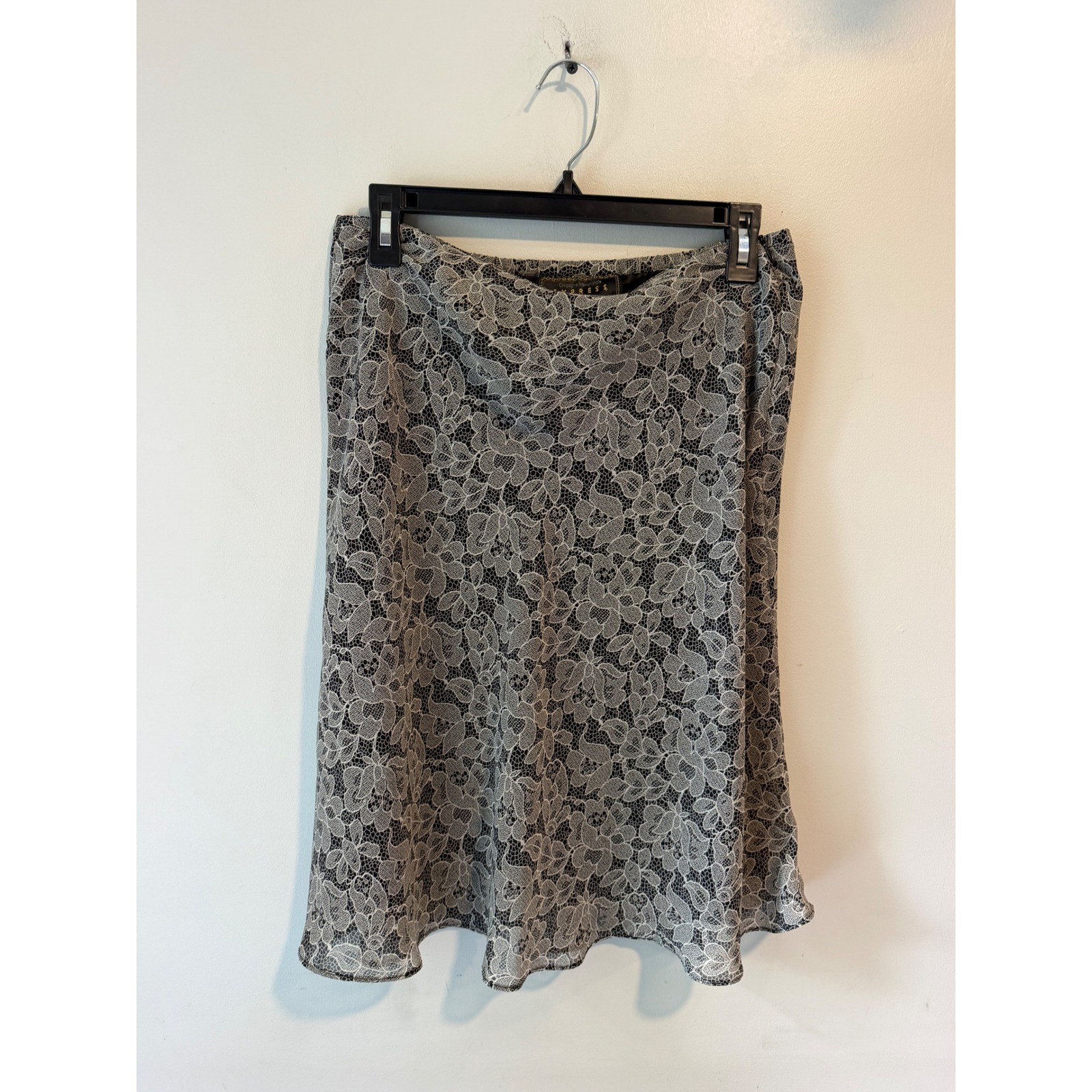 Vintage Express Black Cream Floral Lace Midi Skirt Womens Medium A-Line Lined