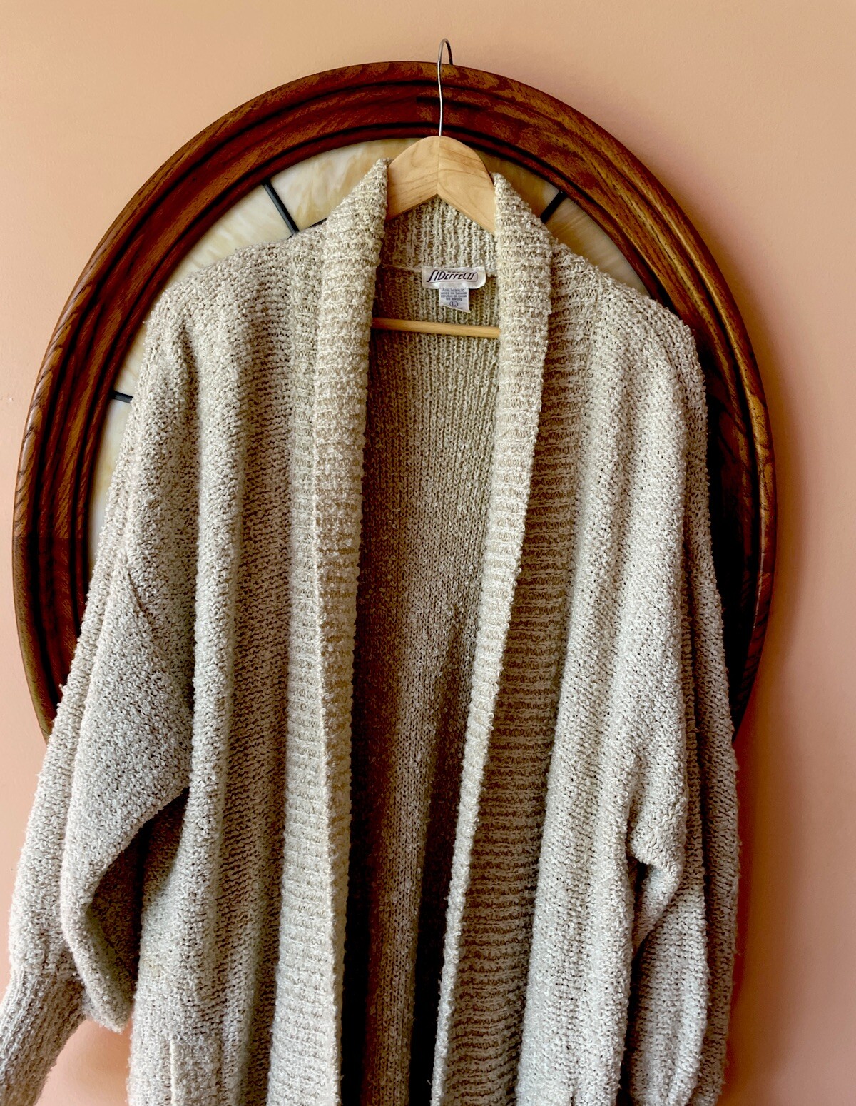 90s Vintage Acrylic Knit Light Beige Pockets Open Front Sweater Jacket L/XL