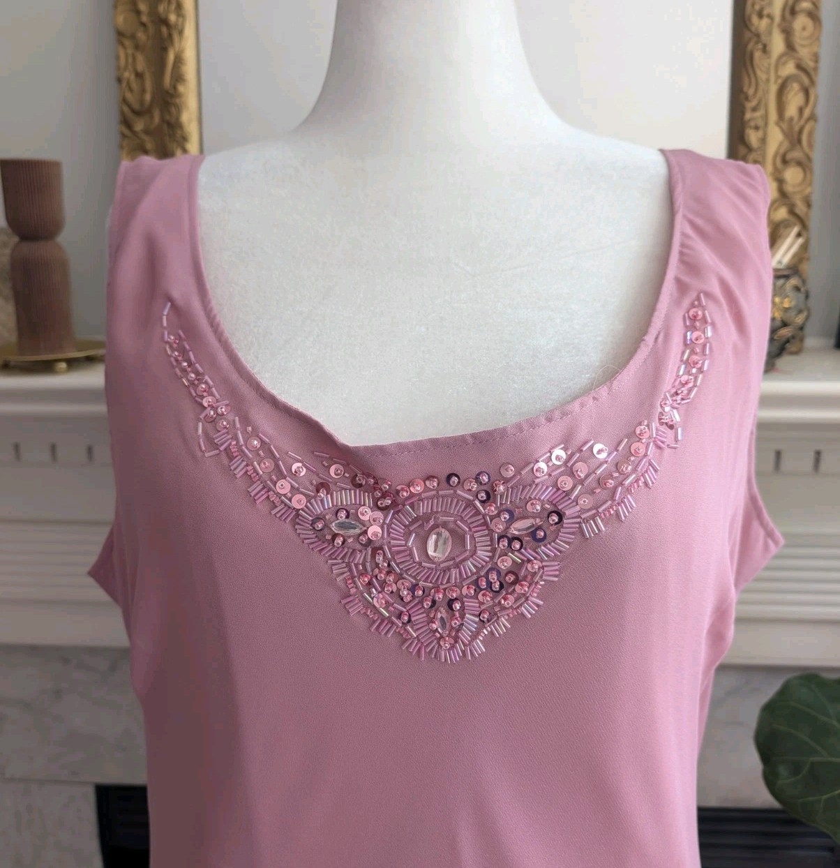 Vintage 90s Y2K Dusty Pink Beaded Column Dress Size 3X Maxi Ruffle Occasion MOB