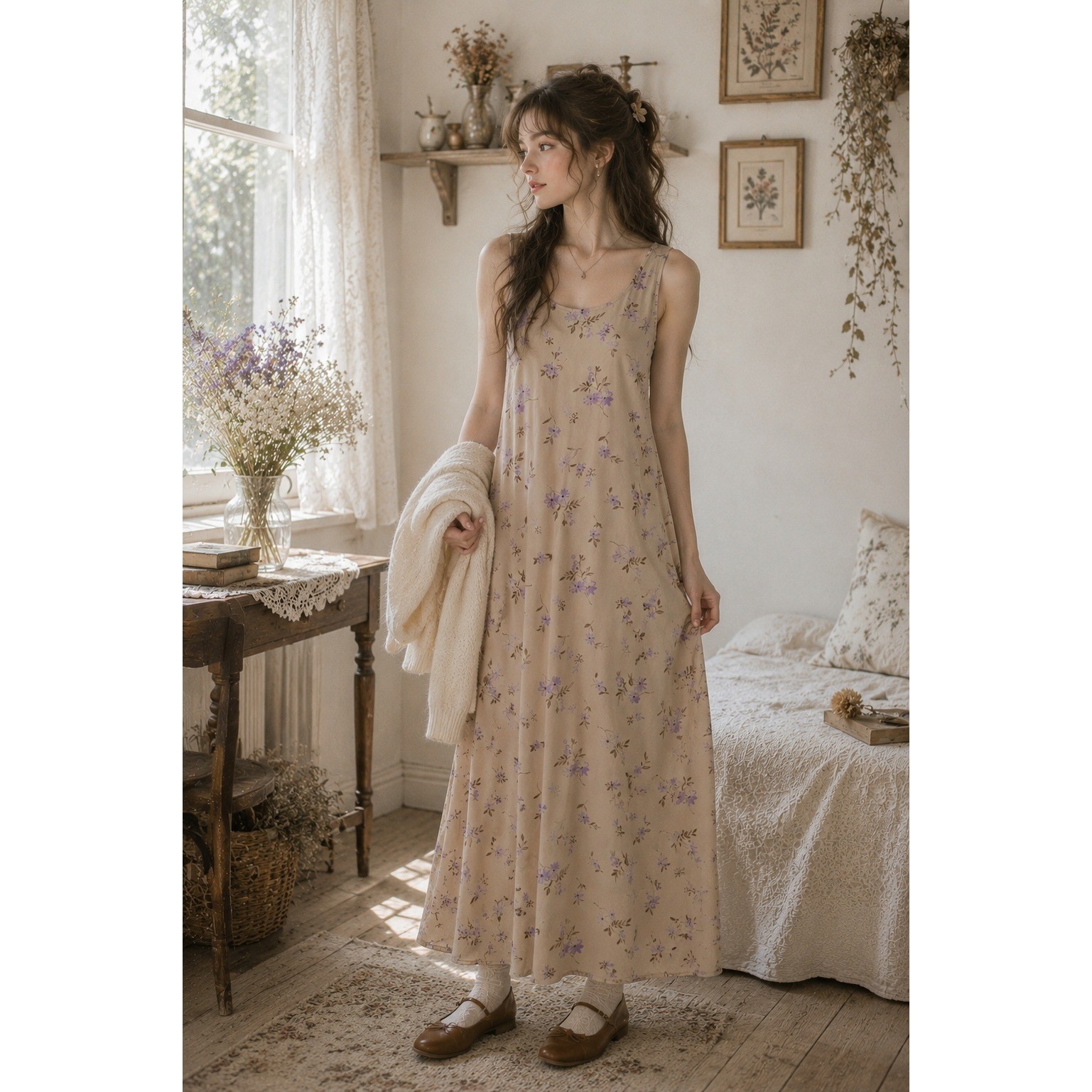 Boho Cottagecore Y2K 90s Vintage Floral Beige Purple Petite 6 Tank Maxi Dress