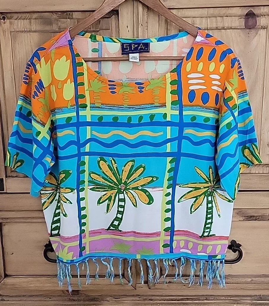 Vintage SPA Crop Top Sz Med-Lg-Hawaiian Beaded-Embellished Fringed-Art to Wear