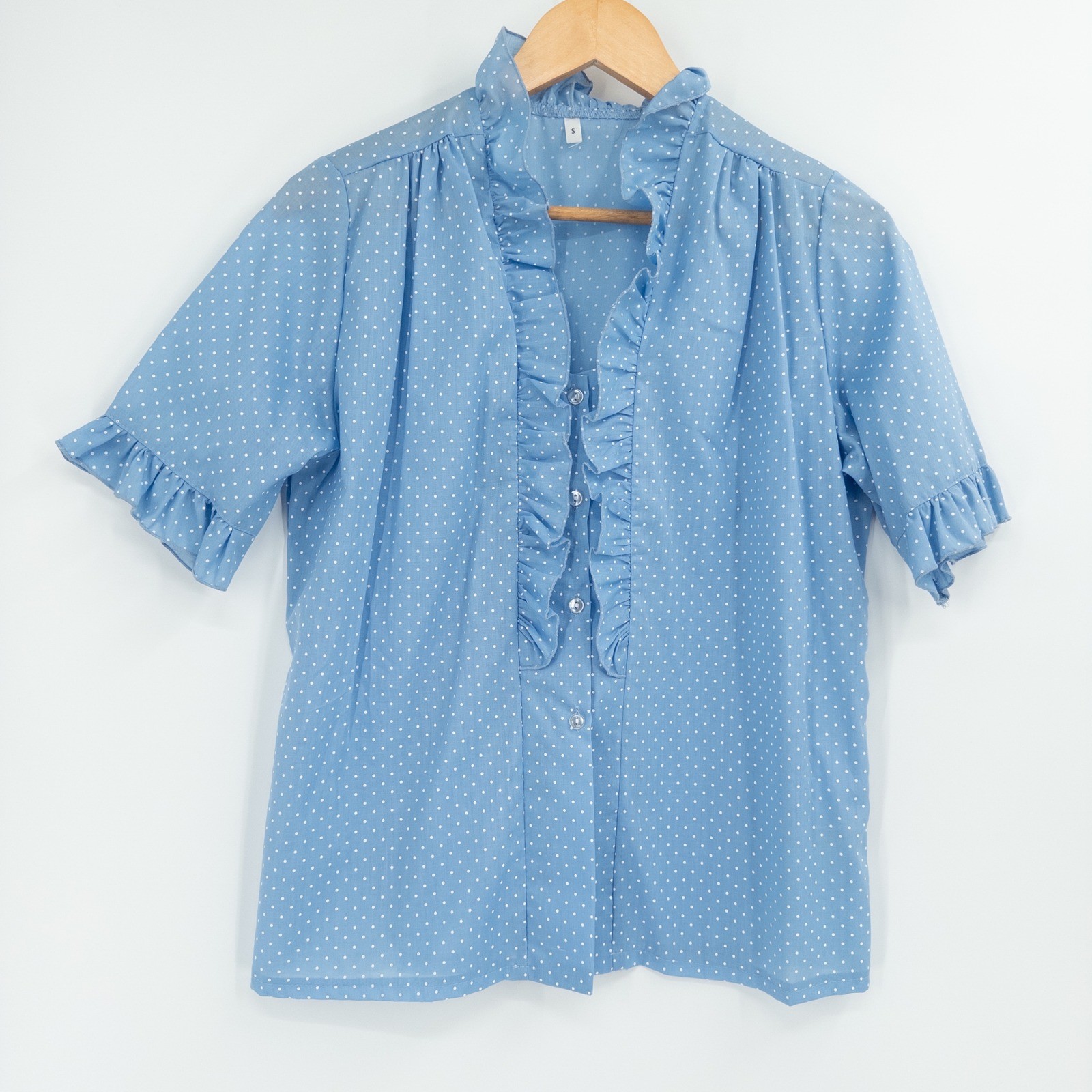 Vintage Prairie Blouse Womens S Blue Polka Dot Ruffle Cottage Granny Retro Femme
