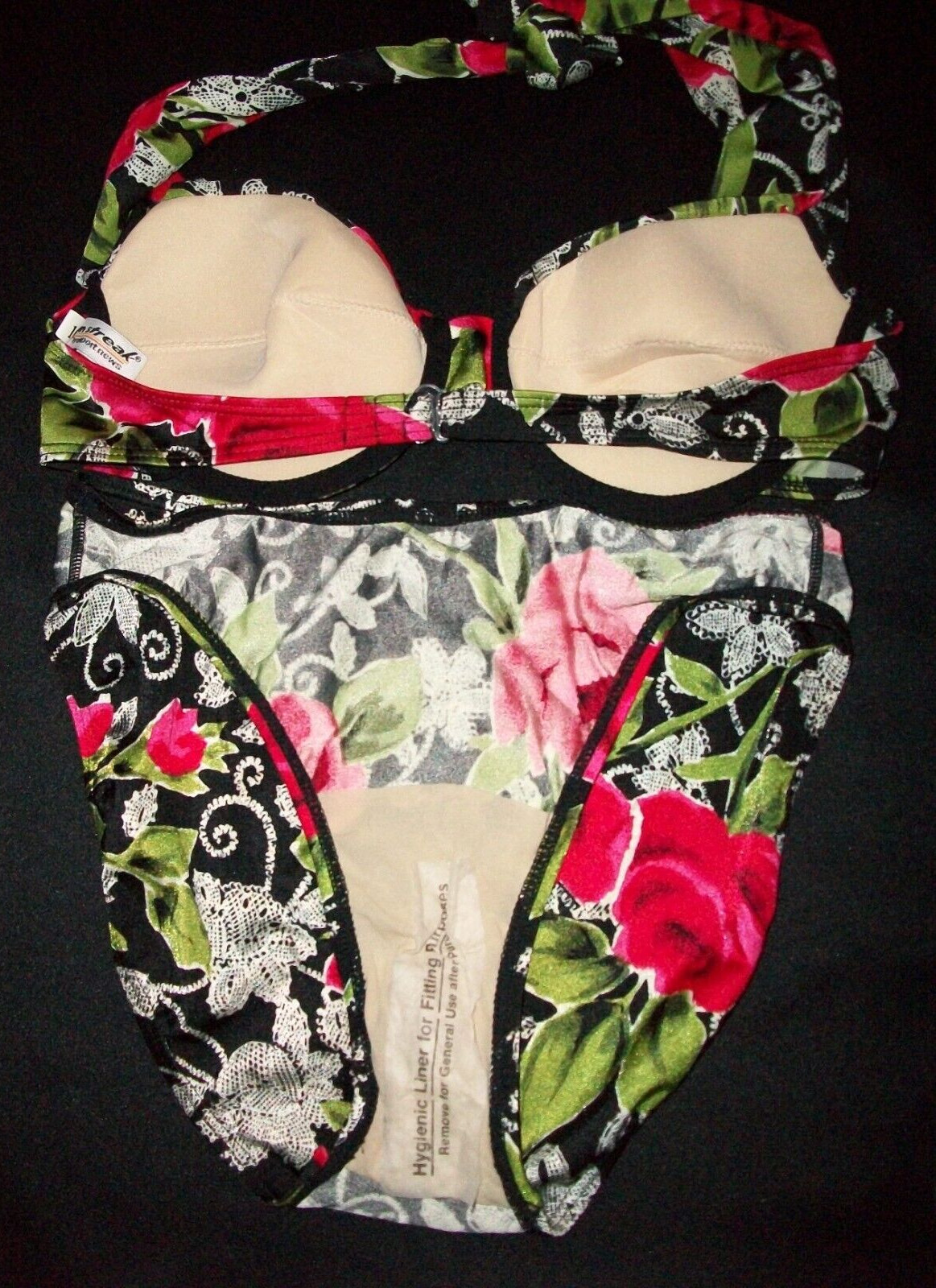 Vtg Newport News Black Rose Nylon Halter Bra Bikini 10