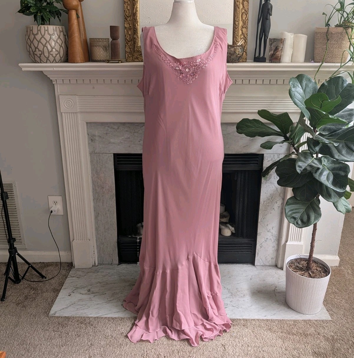 Vintage 90s Y2K Dusty Pink Beaded Column Dress Size 3X Maxi Ruffle Occasion MOB