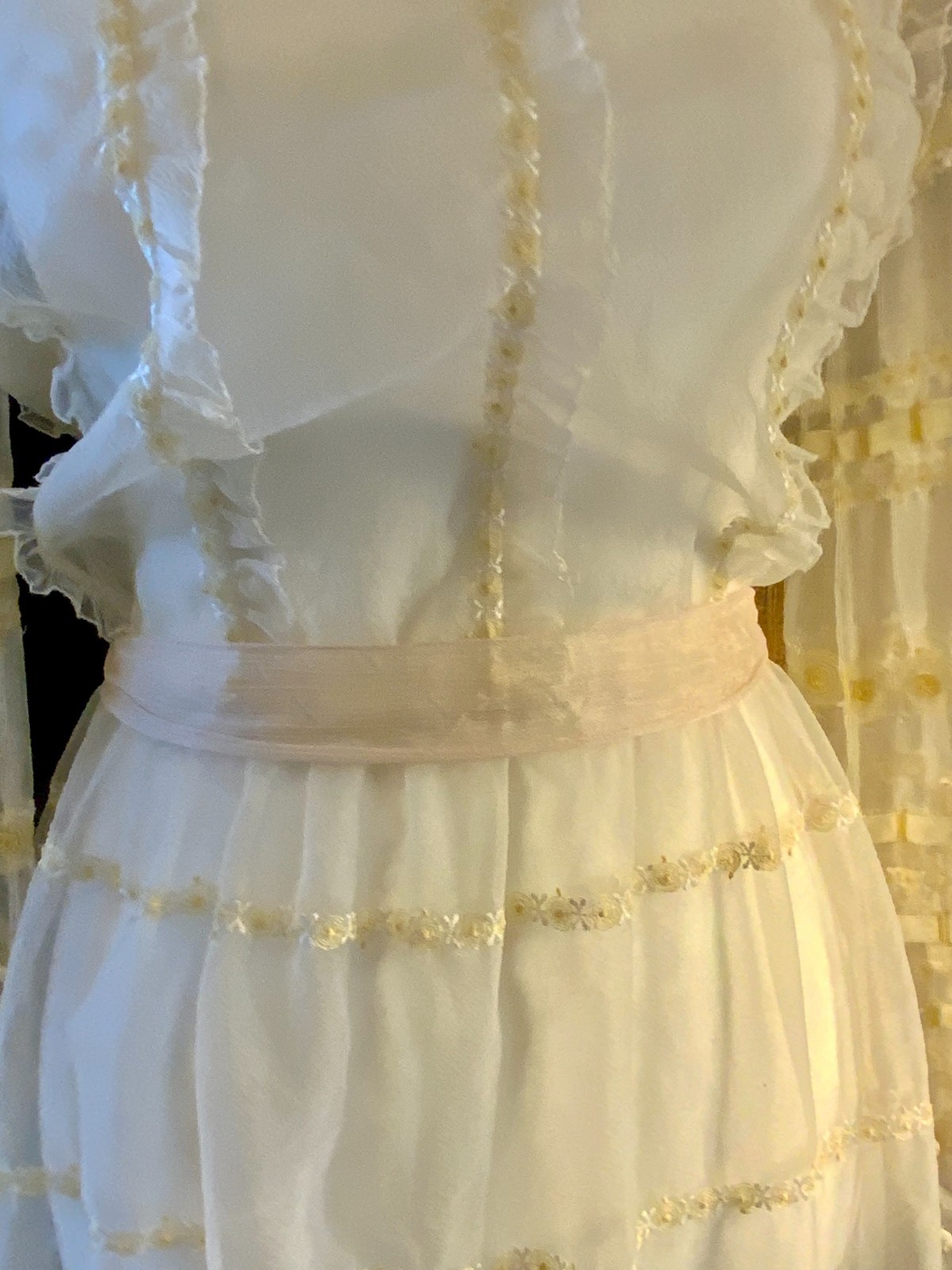 1970s Sheer Romantic Bridal Dress | Edwardian Revival Ivory with Ribbon