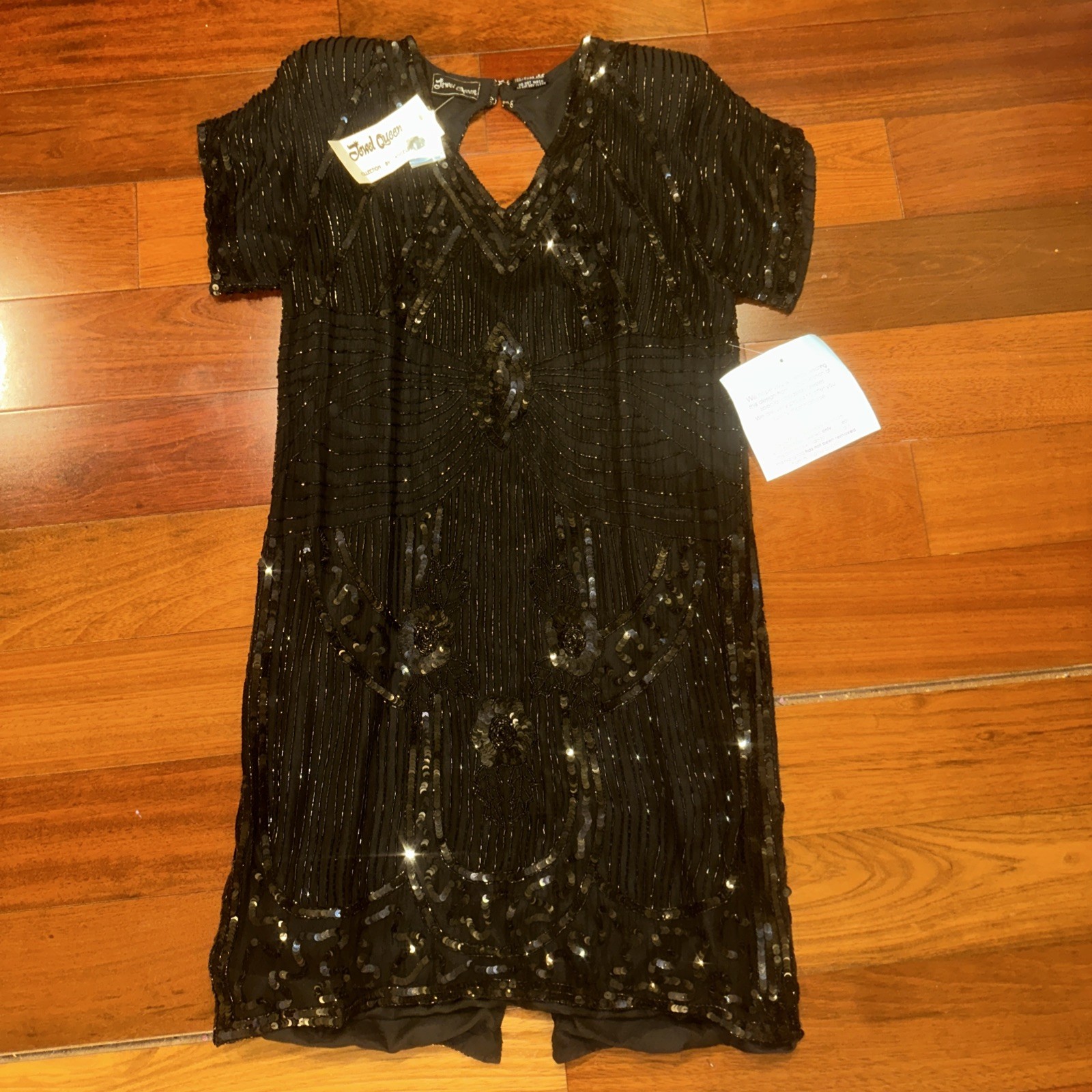 Vintage Jewel Queen Black Beaded Silk Flapper Dress With Shoulder Pads -Womens L