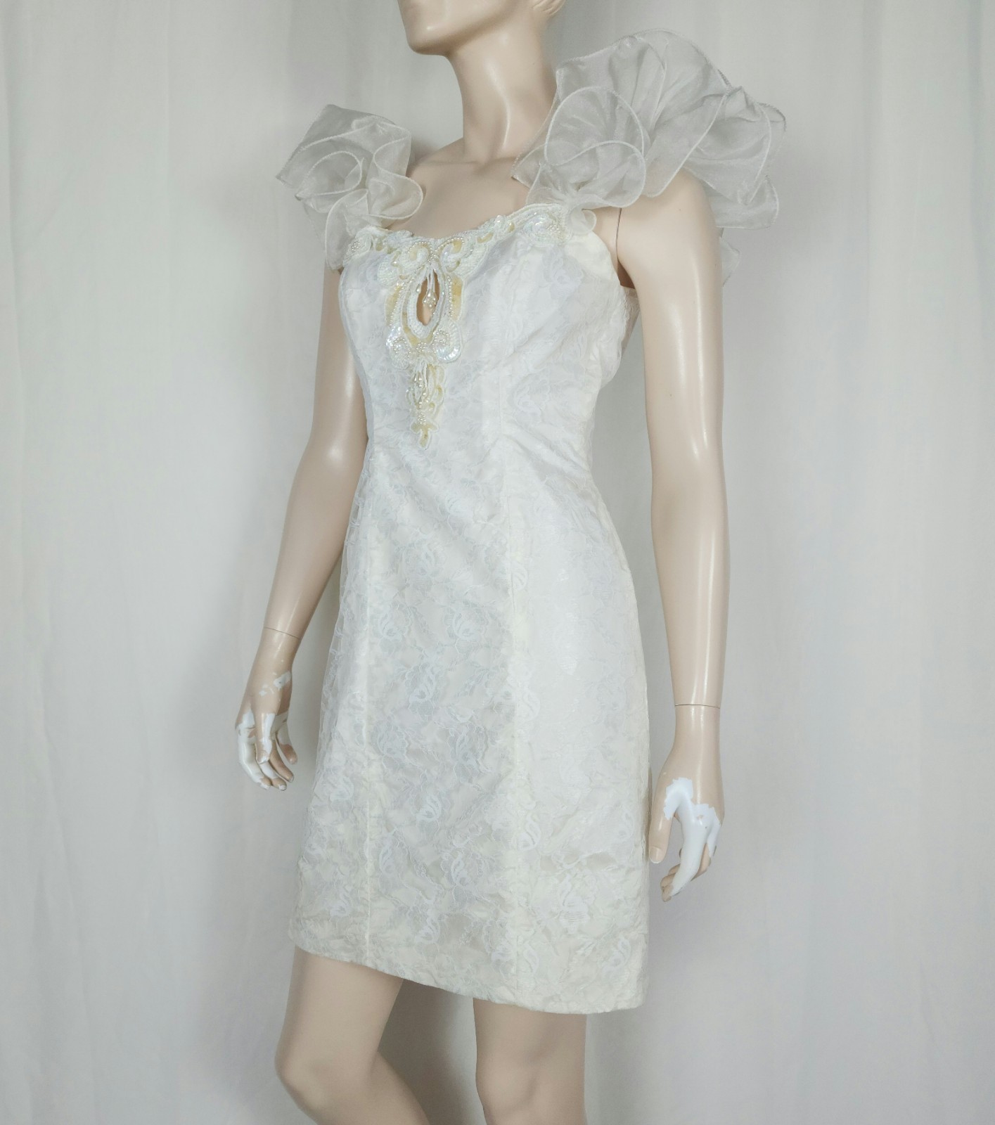 Vtg 80s puff ruffle shoulder lace mini dress S keyhole beaded