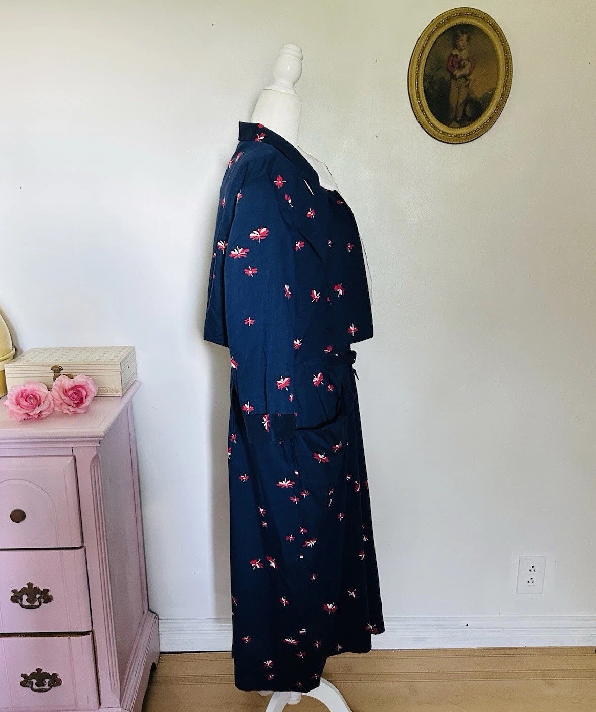 VTG 40s 50s Peg Top Cotton Sundress Bolero Set Navy Day Dress Metal Zip 36W XL