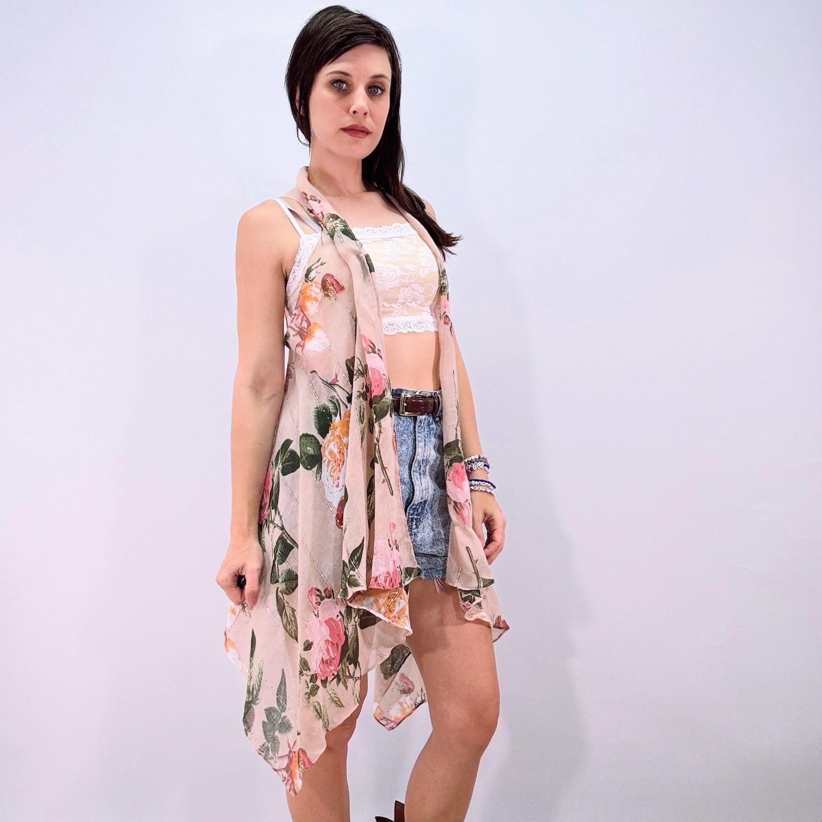 Vintage 90s Y2k Vest Pink Floral Loosely Woven Gauze Draped Wrap Top Cottagecore