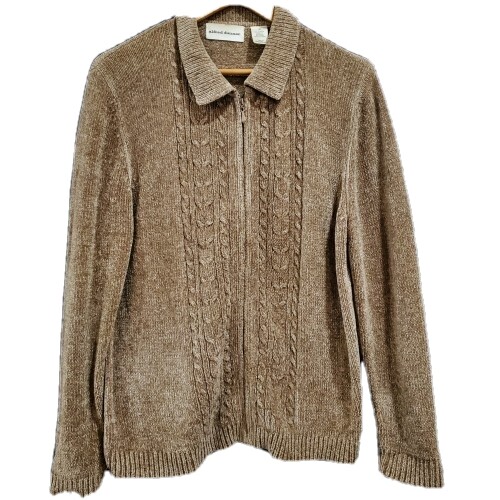 Vintage Y2K Alfred Dunner Beige Cable Knit Stretch Zipper Cardigan Size Medium