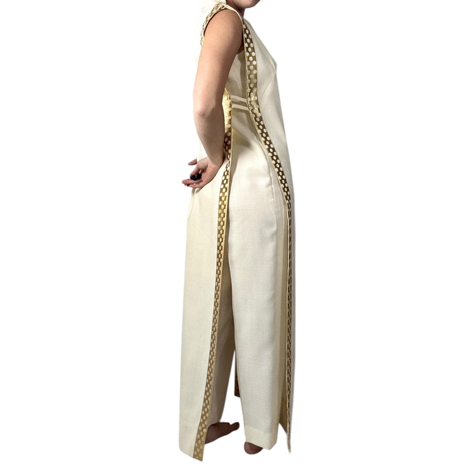 Vintage 1960s White Wool Jumpsuit Peer Label Metallic Gold Polka Dot Cape Mod