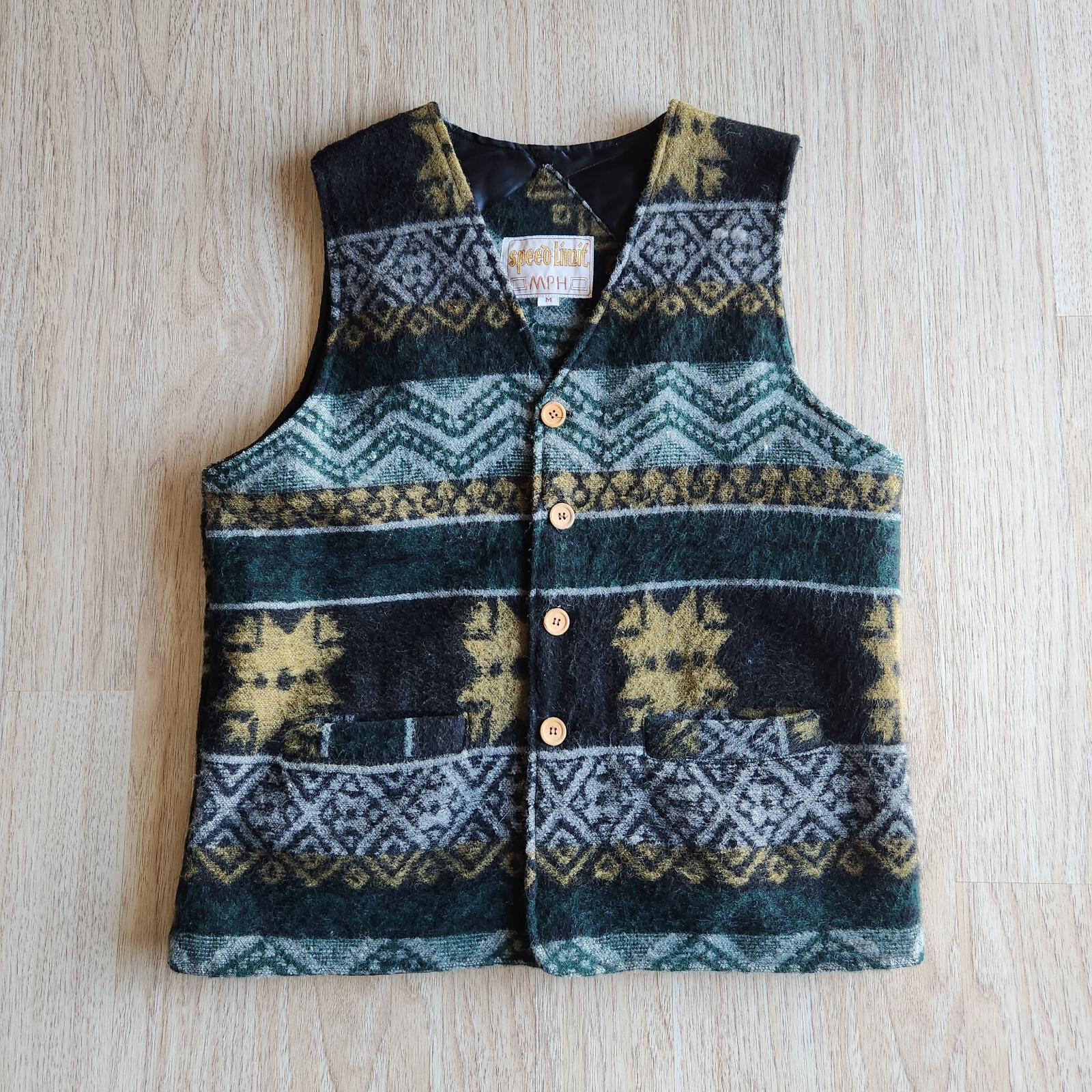 Vintage Speed Limit MPH Holiday Wool Blend Quilted Lined Vest Button Pocket Sz.M