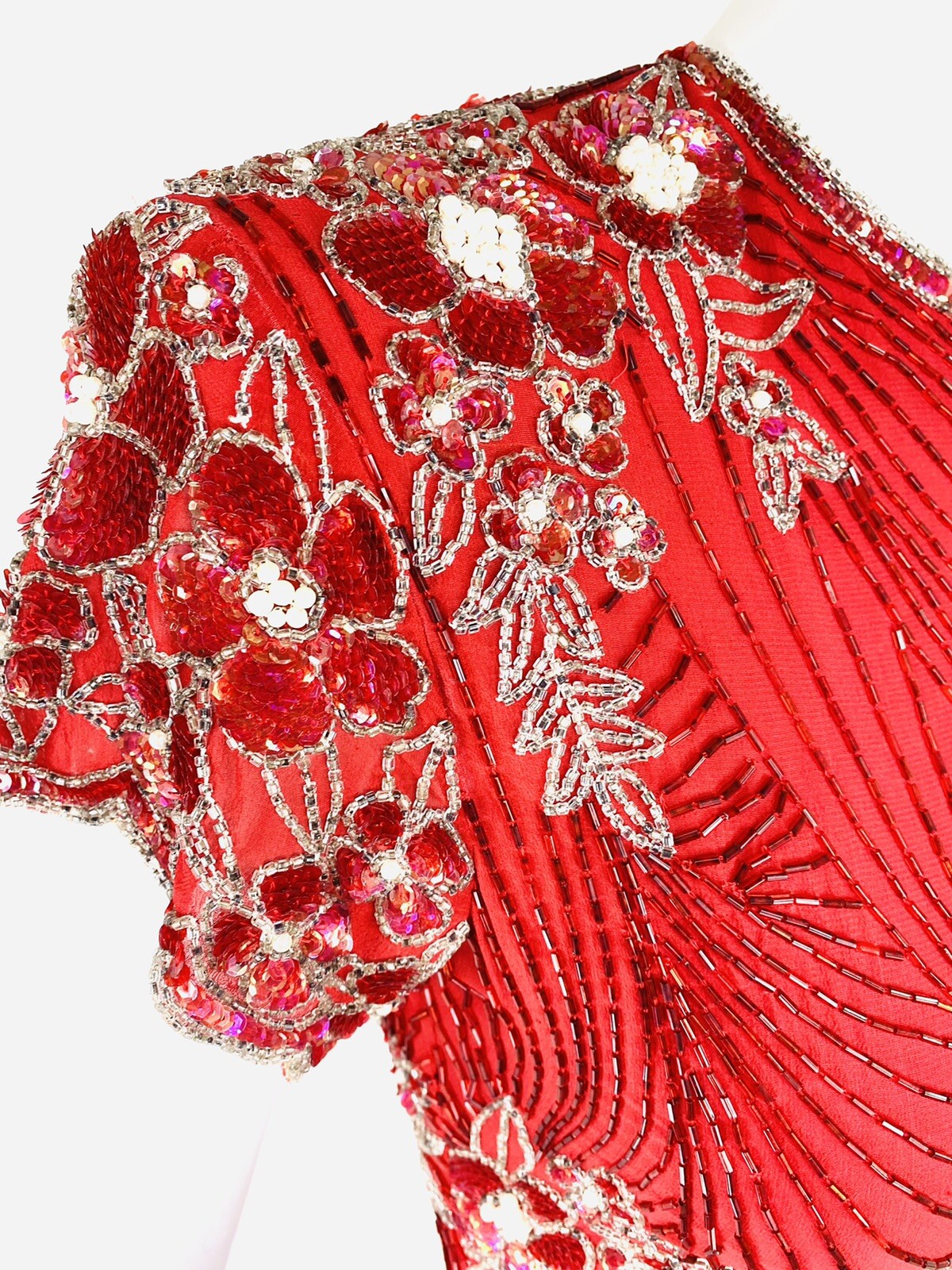Vintage NAEEM KHAN LILLIE RUBIN Red Floral Bead Sequin Cocktail Dress Gown, XS