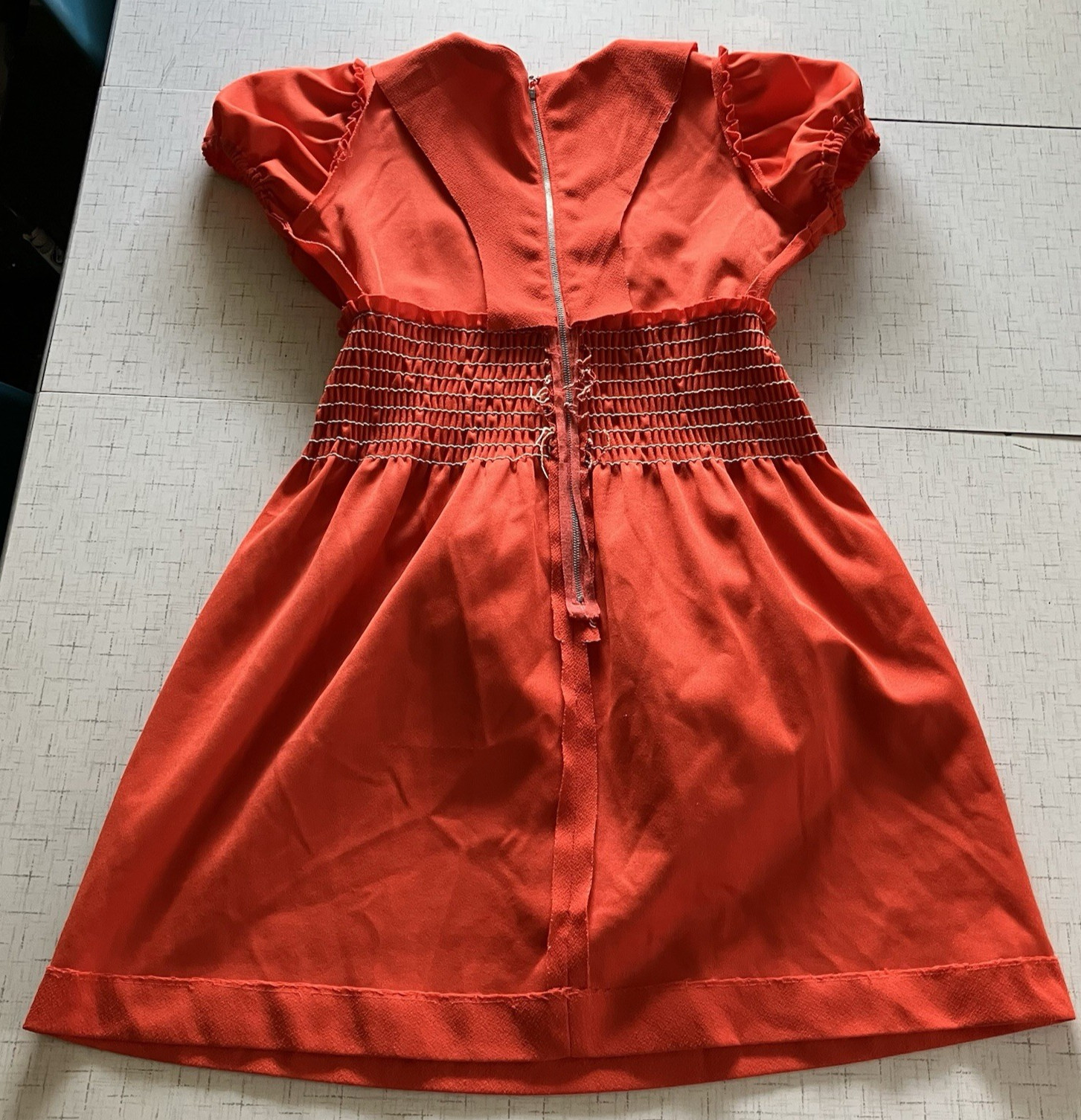 Vtg 60’s Short Red Dress Puff Sleeve Gathered Bodice Back Zipper sz s/m