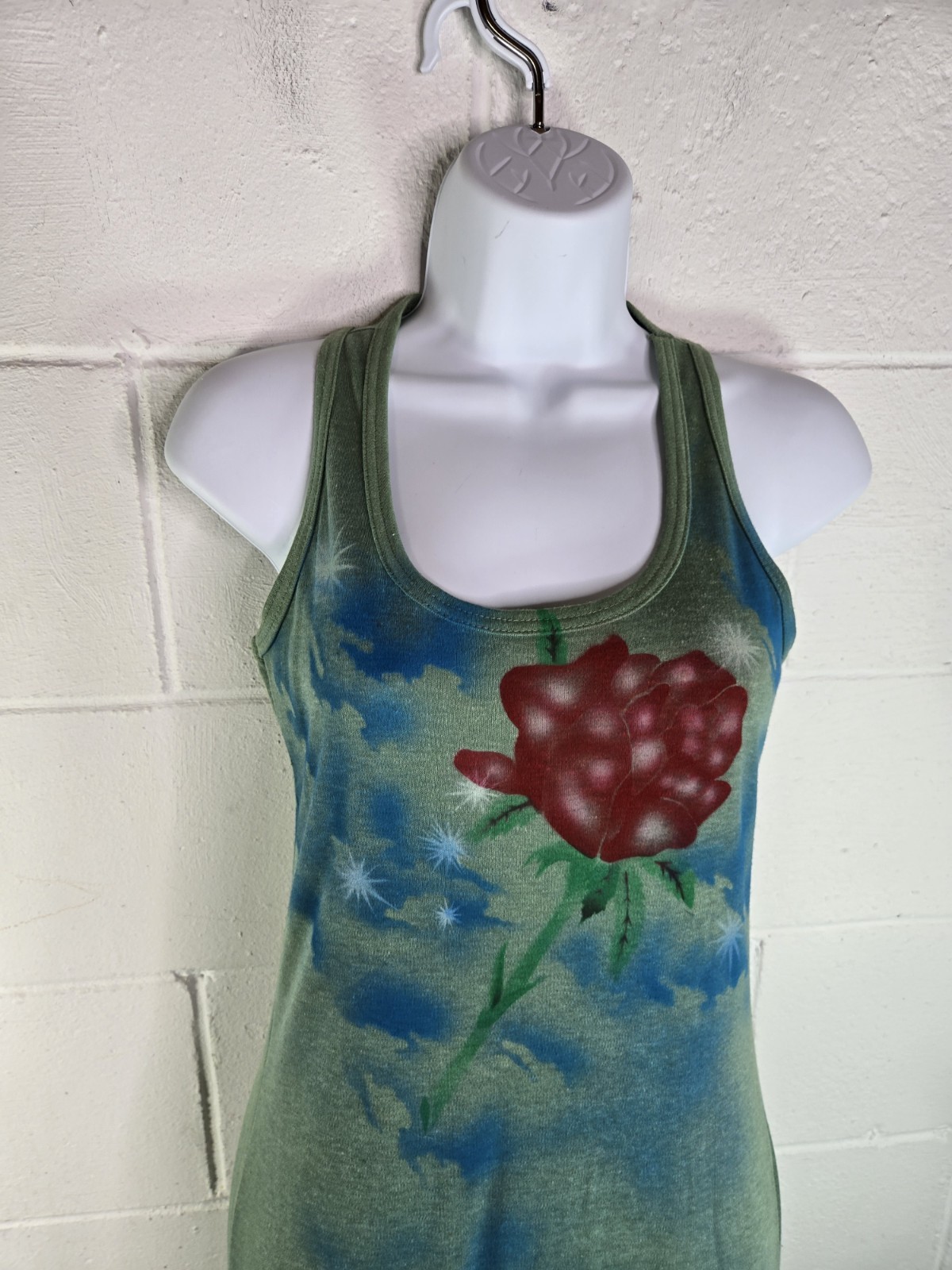 Vtg 70s Vogel Mills & Mfg Spanish Moss Green Floral Tank Maxi Dress