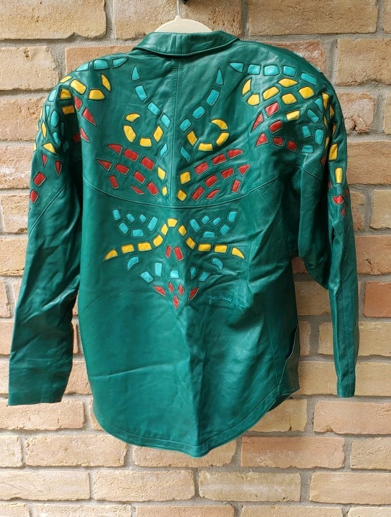 VTG 80s Jean Claude Jitrois Green Leather Jacket Sz 42 Designer Art FLAWS