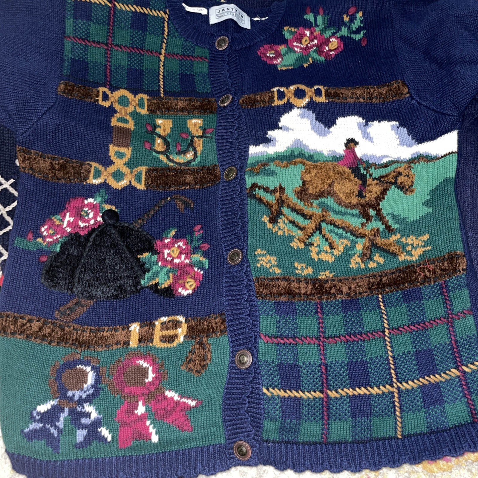 Jantzen Classics Lg Knit Embroidered Horse Race Jockey Blue Ribbon Cardigan L/XL