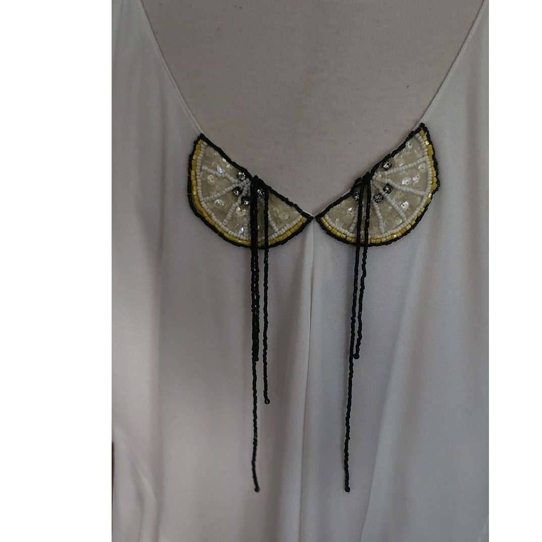 Vintage 1980s Holly Harp Top or Tunic Silk Jersey Fruit Sequins Beaded Fringe