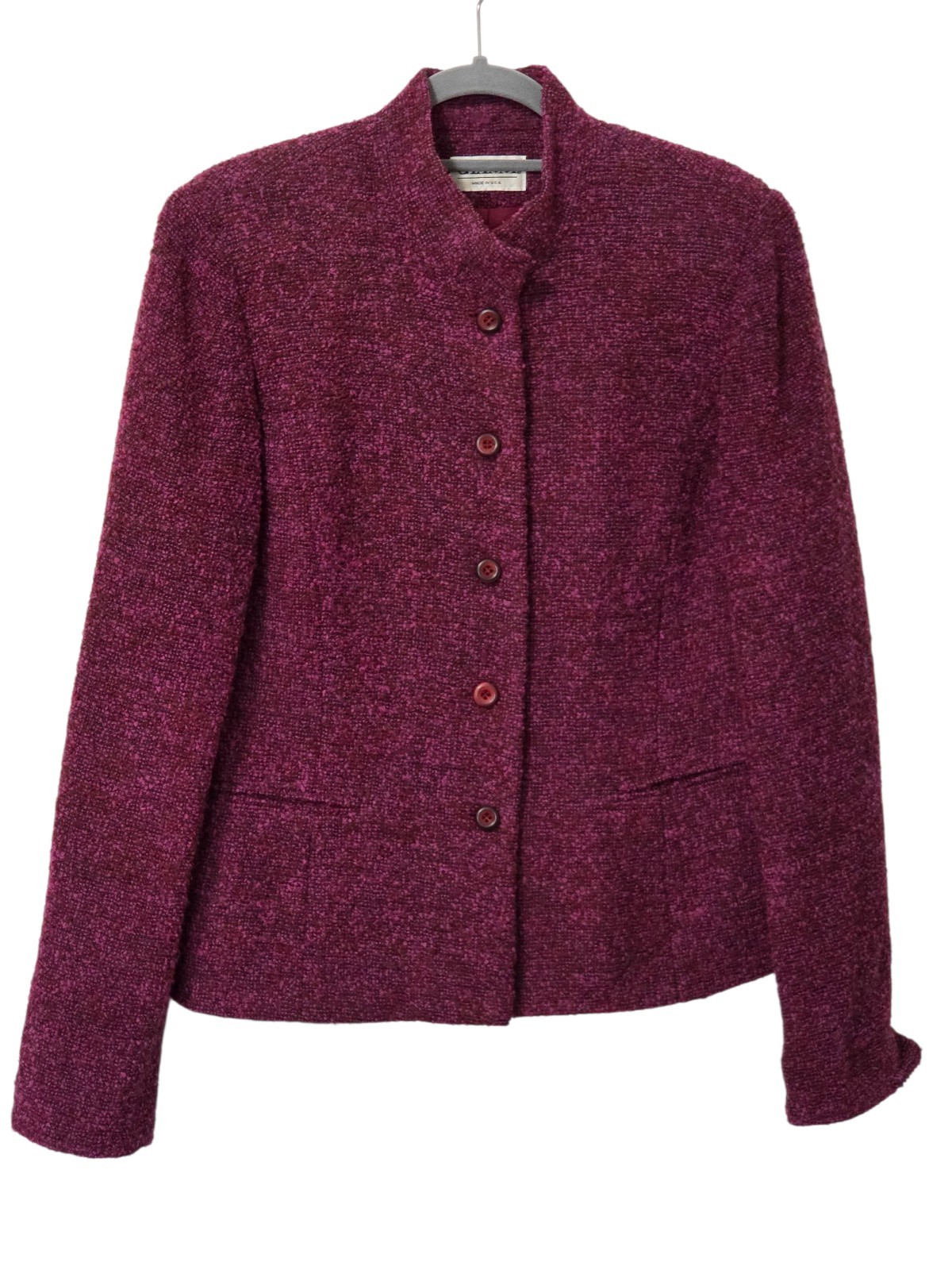 Vintage Gianni Wine Merlot Burgundy Tweed Wool Knit Blazer Size 14 Made In USA
