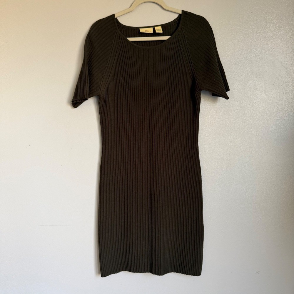 VTG Limited America Merino Wool Ribbed Sweater Dress Olive Green Short Sleeve L