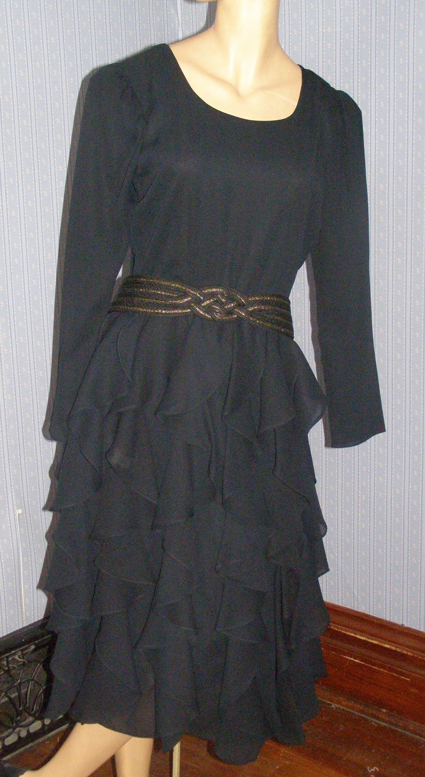 Vintage 80’s simple black semi-sheer TIERED RUFFLE dress S M chiffon evening