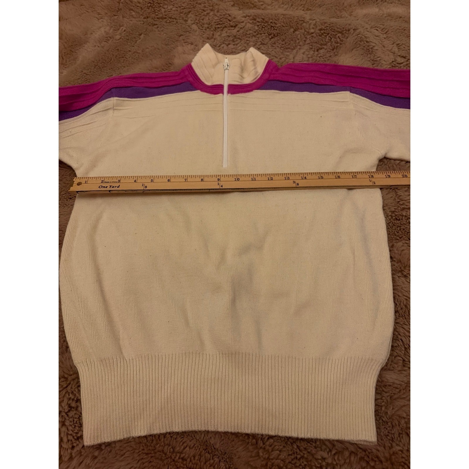 Vintage Meister Womens Wool Blend Quarter Zip Ski Sweater Cream Purple Pink L