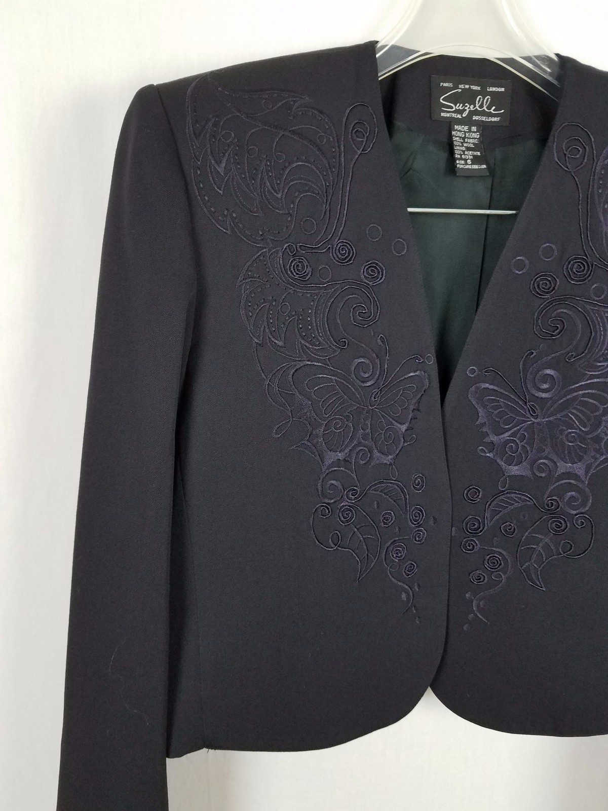 SUZELLE black vintage Jacket Embroidered Butterflies and Leaves size 6