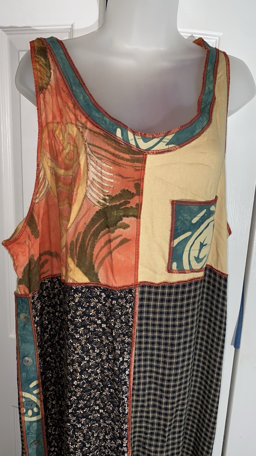Vintage FAITH 90’s Boho Patchwork Sleeveless Dress L Rayon Art To Wear Maxi AA21