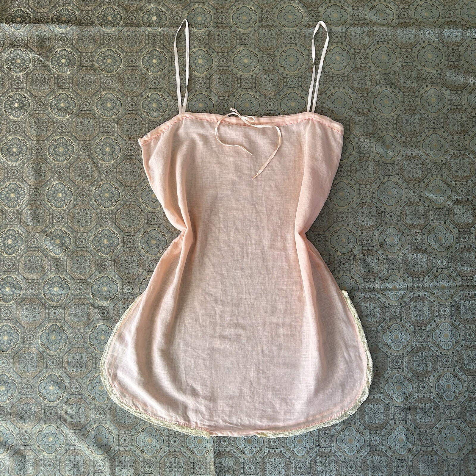 Vintage 1920s 20s Pink Cotton Teddy Slip Step In Lace Tap Shorts Lingerie Bow