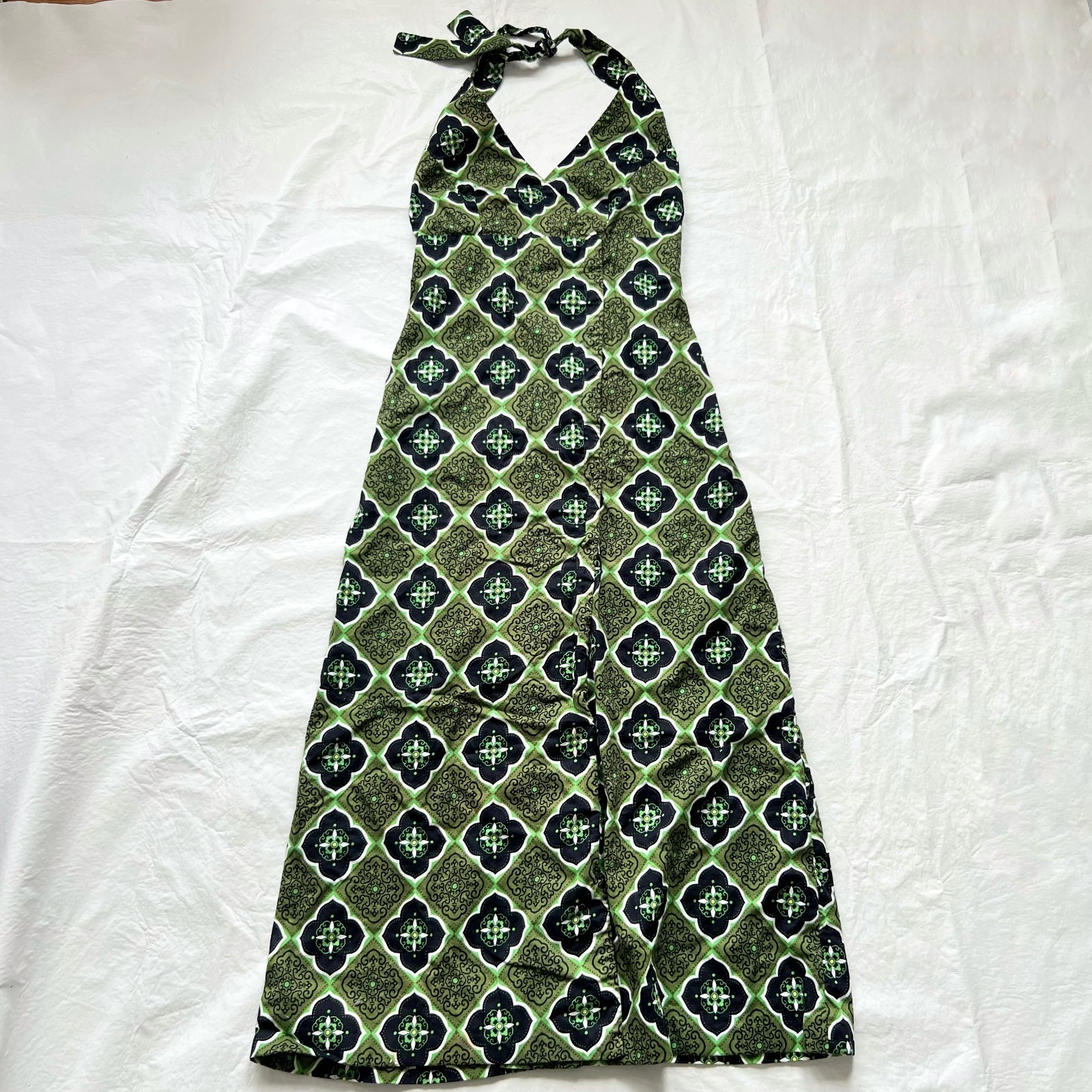 Vintage homemade dress halter neck maxi green black floral sleeveless size 6