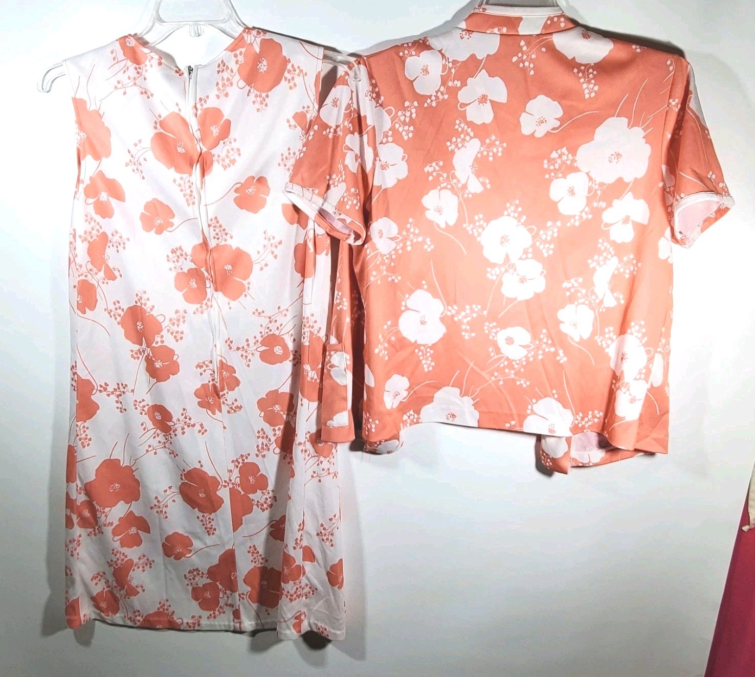 VTG 60s 70s Forever Young Shift Dress Jacket Set Floral Mod Peach White Retro