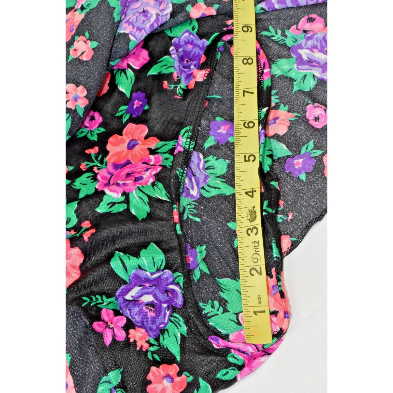 Vintage Swimsuit Size S/M 80s Glossy Black Pink Purple Flowers Full Skirt Bra