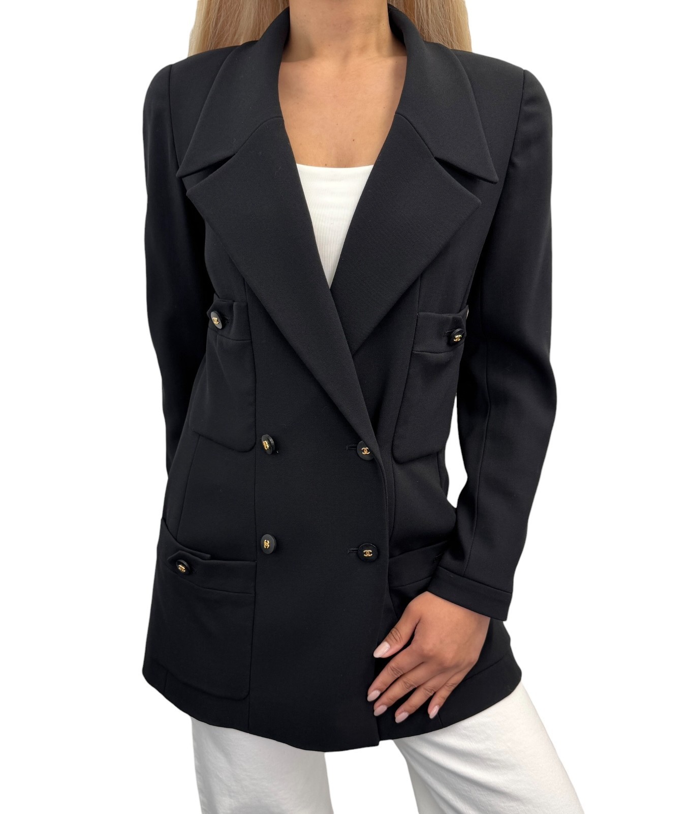 CHANEL Vintage 97C CC Logo Button Blazer Jacket #36 Black Gold Wool