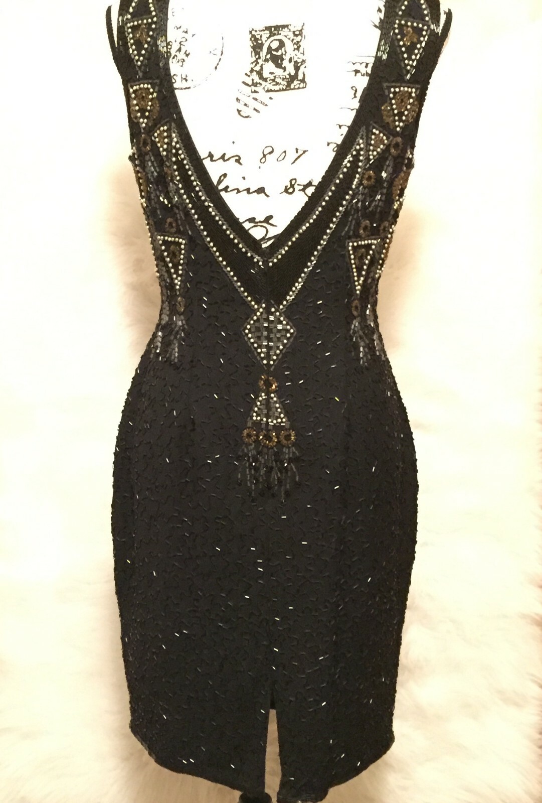 Vintage A.J. Black Formal Dress Gold and Silver Beaded Size 8 100% Wool