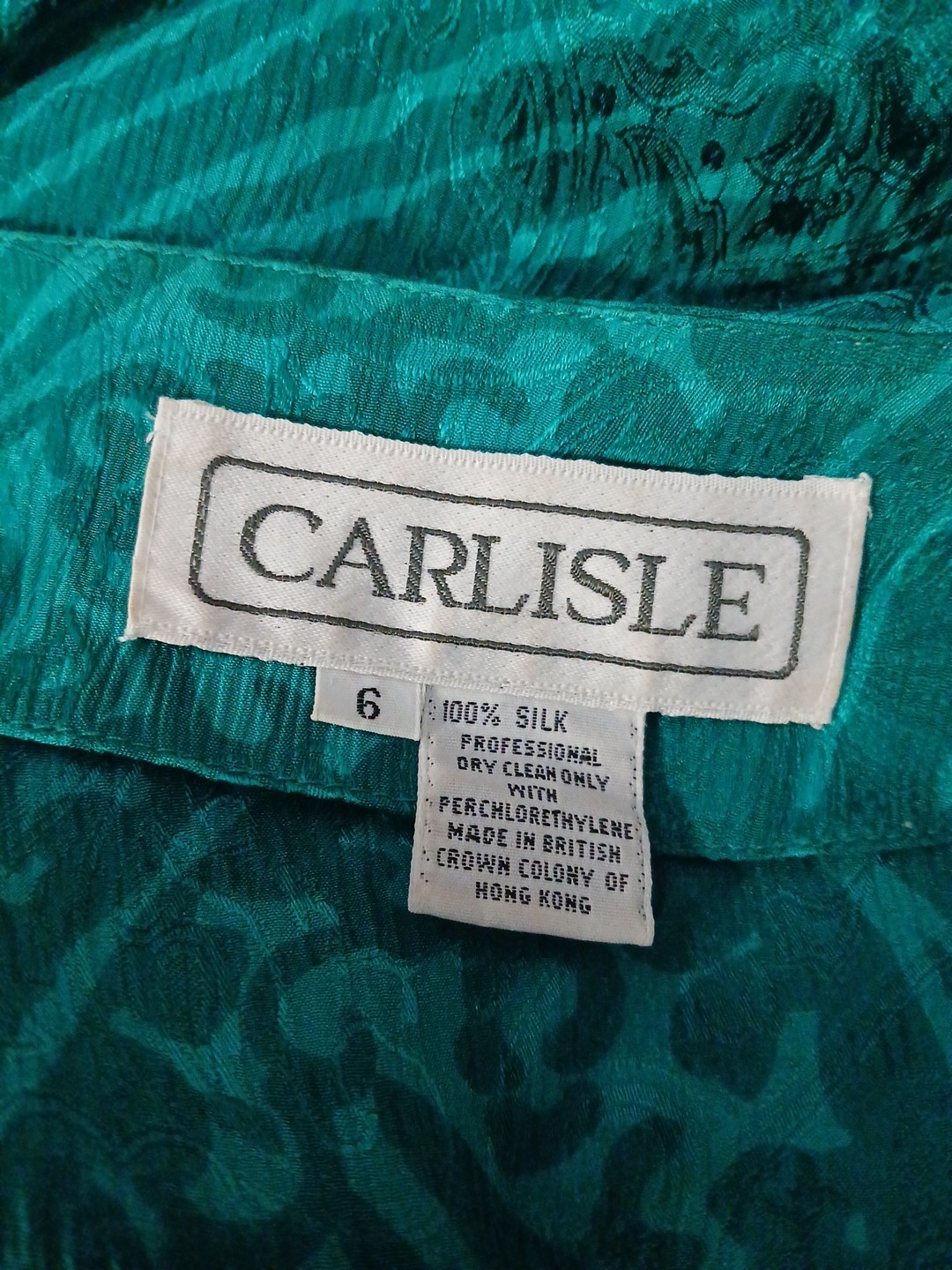 Vintage Carlisle Women’s Green Silk Peplum Blouse Puffy Sleeves Size 6