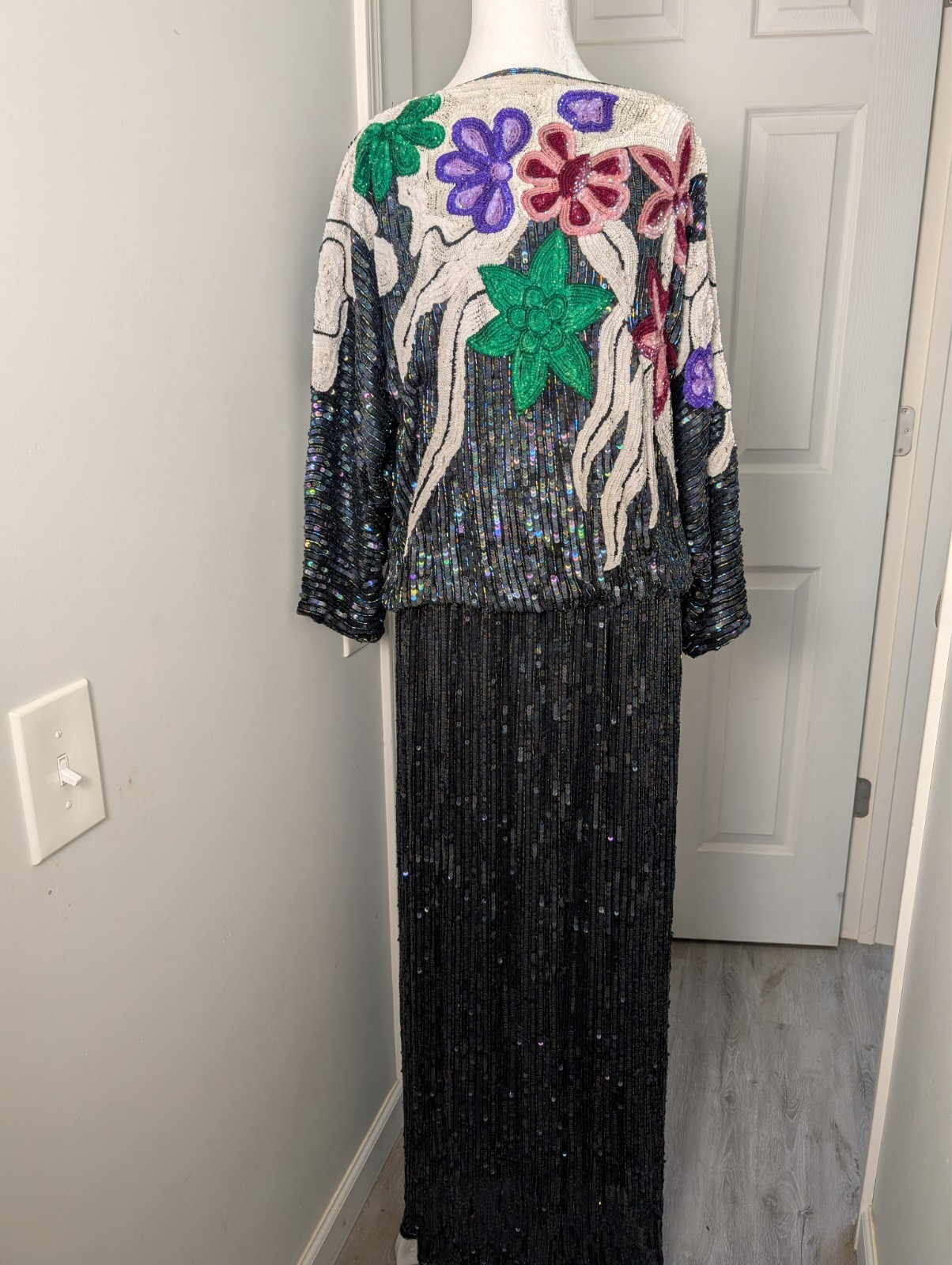 Vintage Hand Beaded Sequin 100% Silk Floral Judith Ann Creations Blouse Skirt L