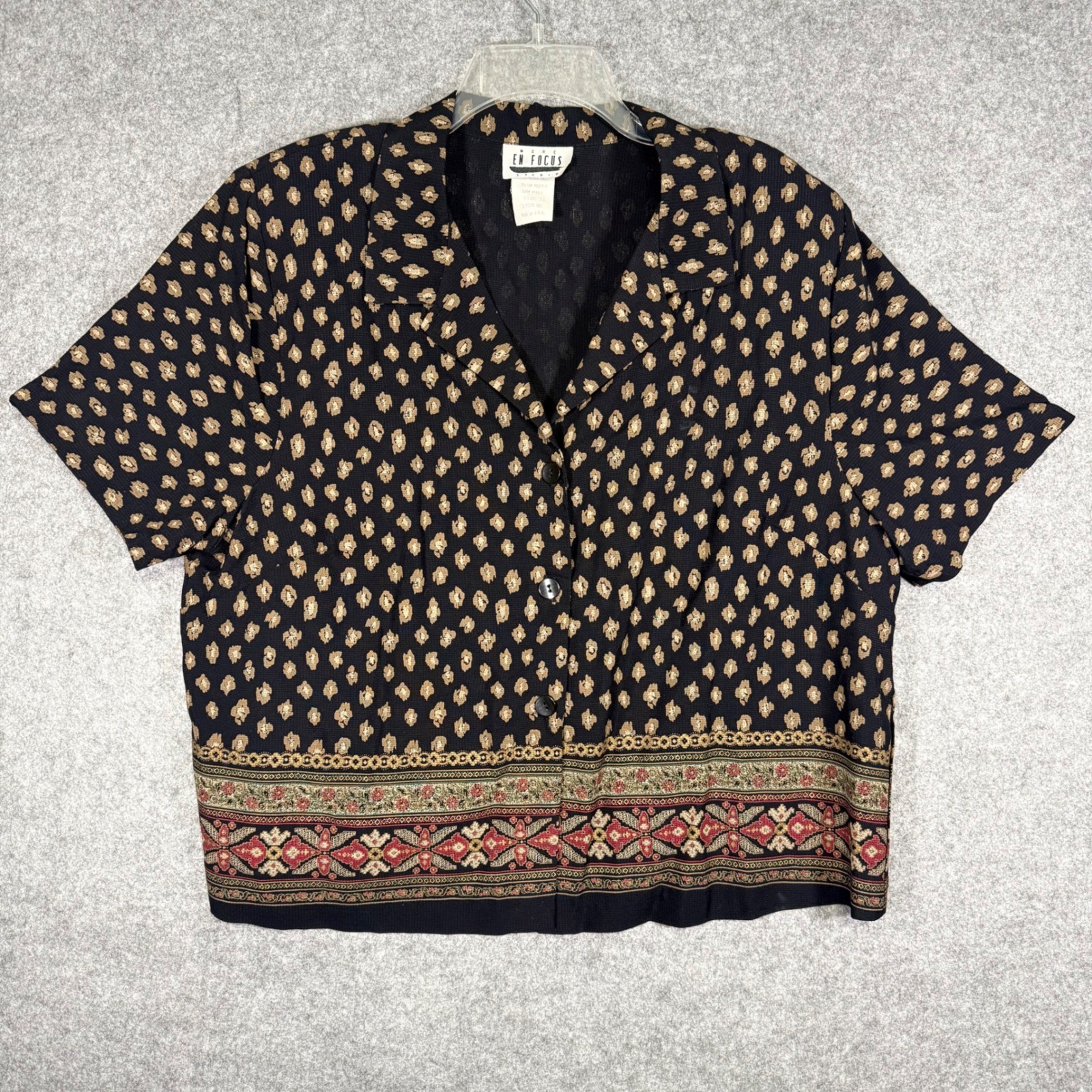 More En Focus Studio Blouse Women 16 Black Tan Vintage 90s Border Print 95277-T
