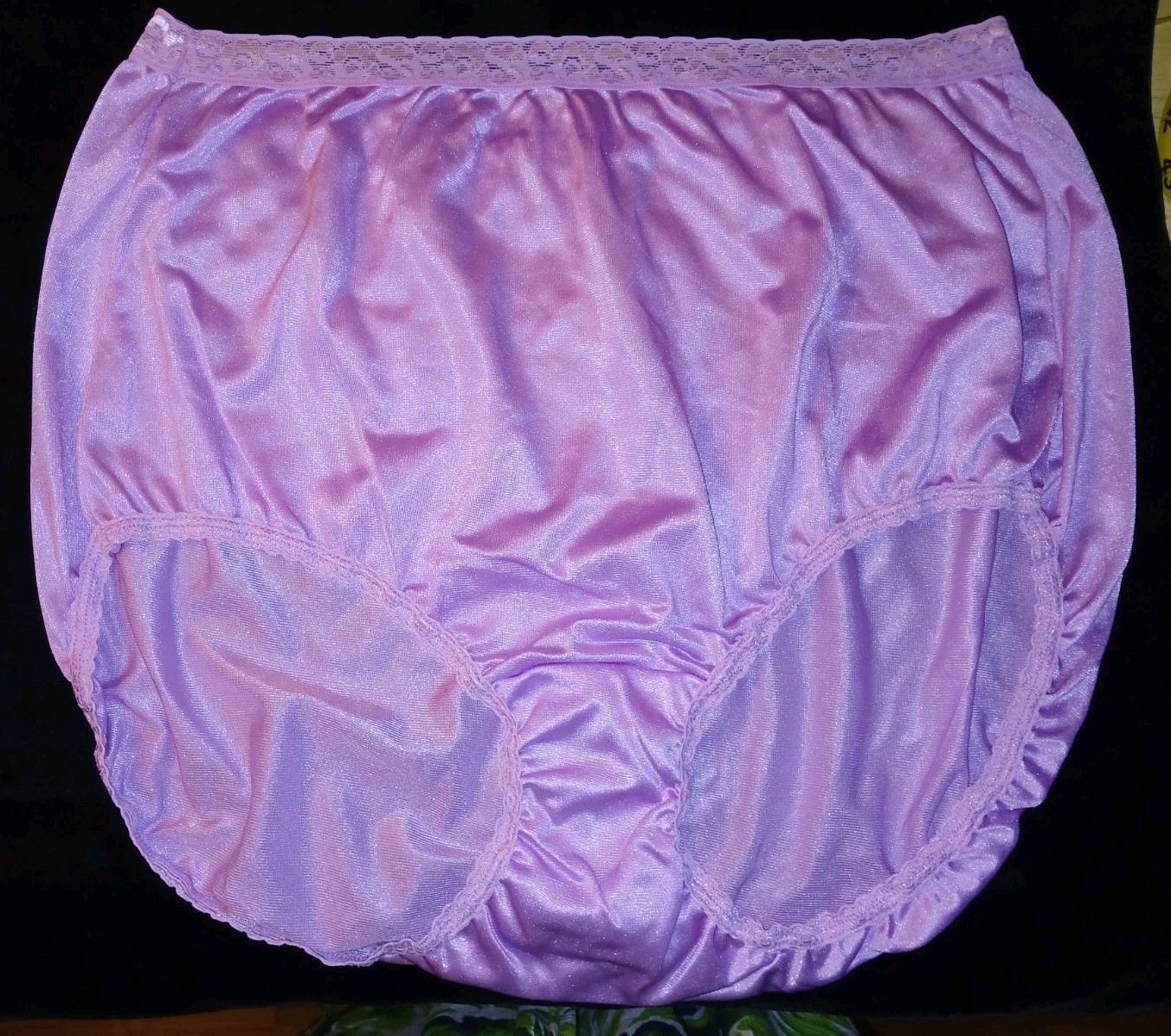 Vintage Lavender Purple Satin Nylon Silky Floral Lace Granny Brief Panties XL