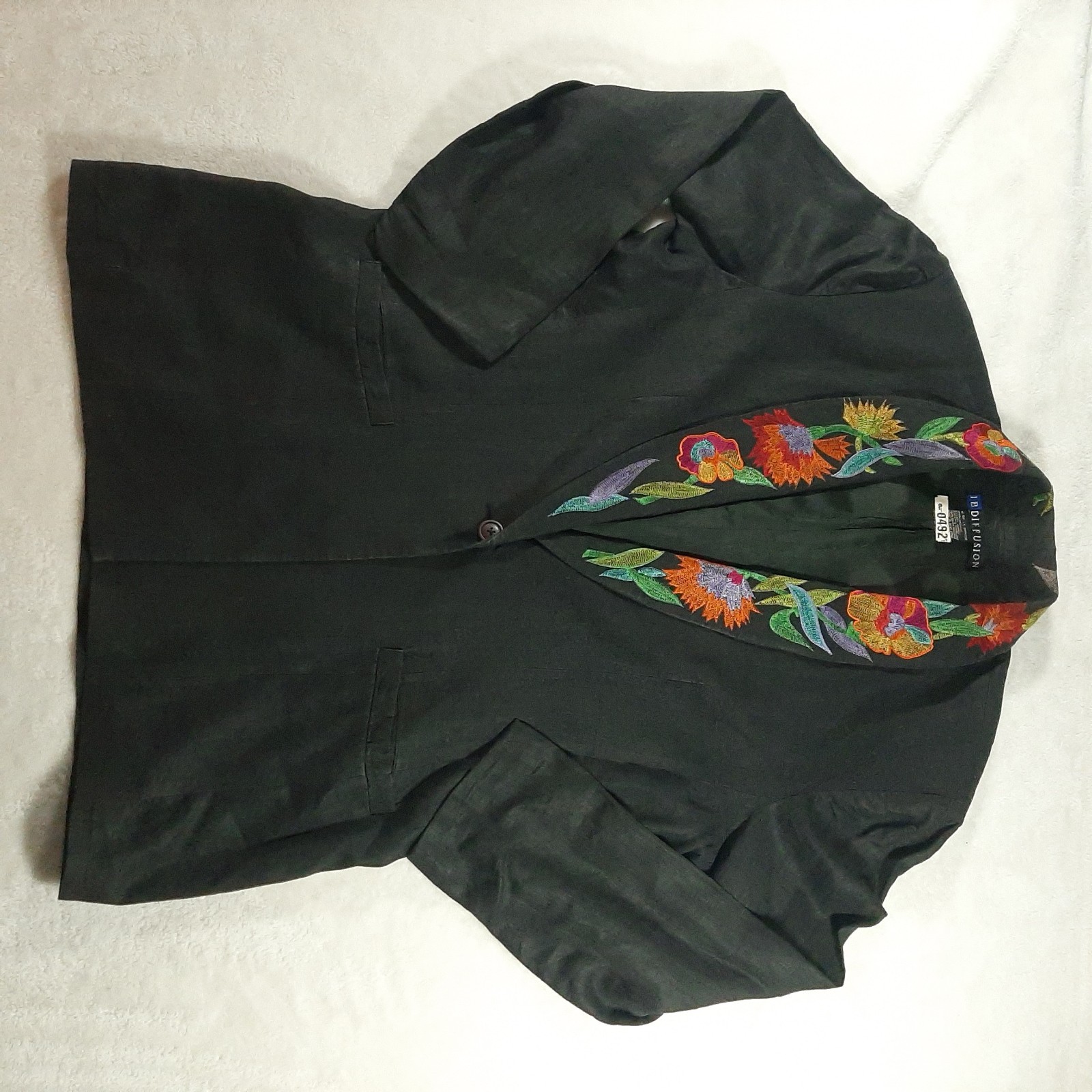 I.B. Diffusion 1990s VTG Black Linen Floral Embroidered Blazer Jacket Size S