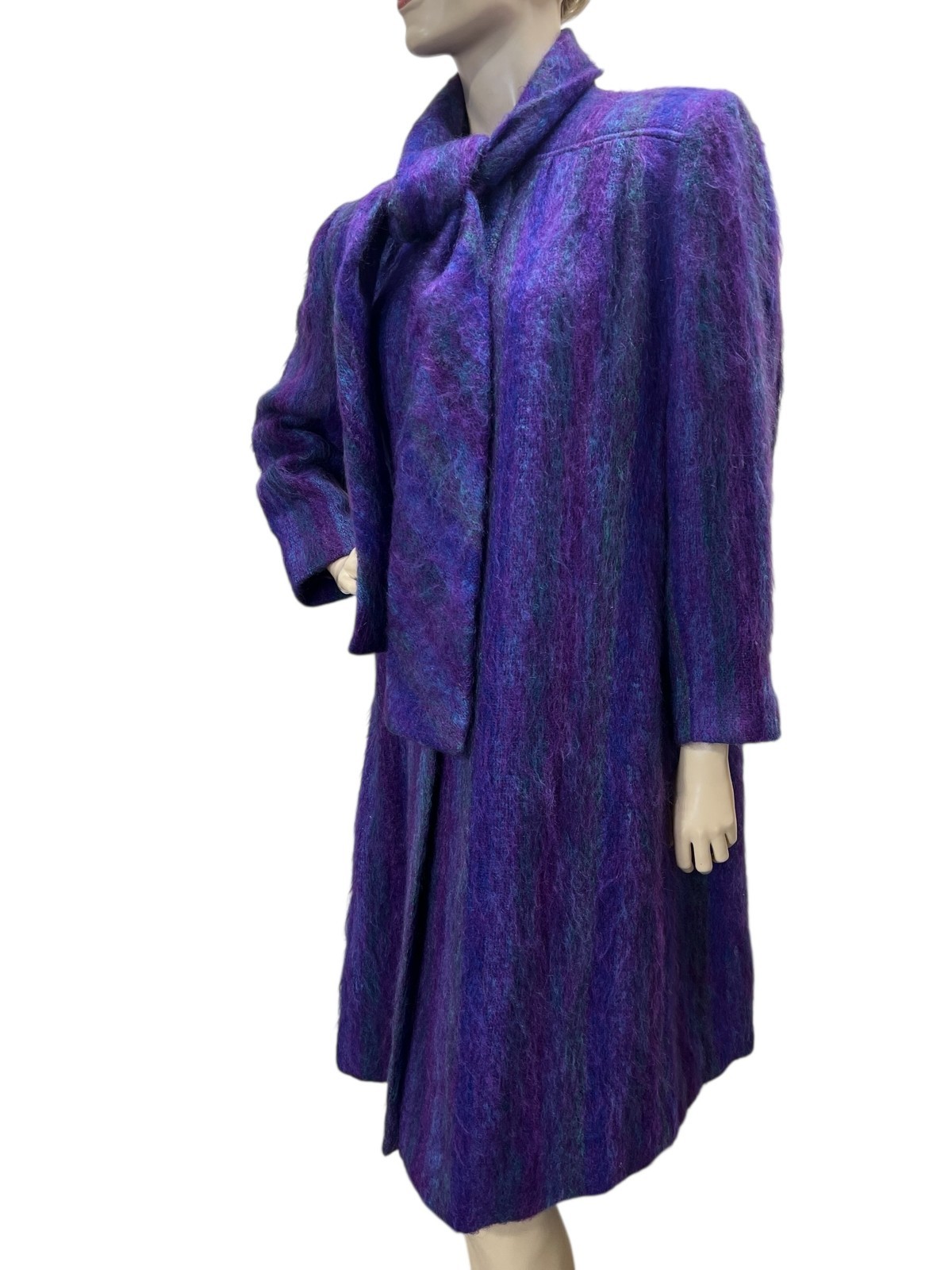 Vtg 80s Sz M Petite Mohair Coat Riel Purple Teal Blue Stripe Necktie Scarf USA