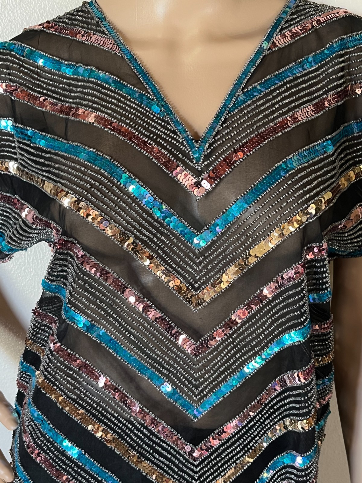 1980s Club Scene Black & Blue & Silver Sequin Silk Blouse by Argenti Size Medium
