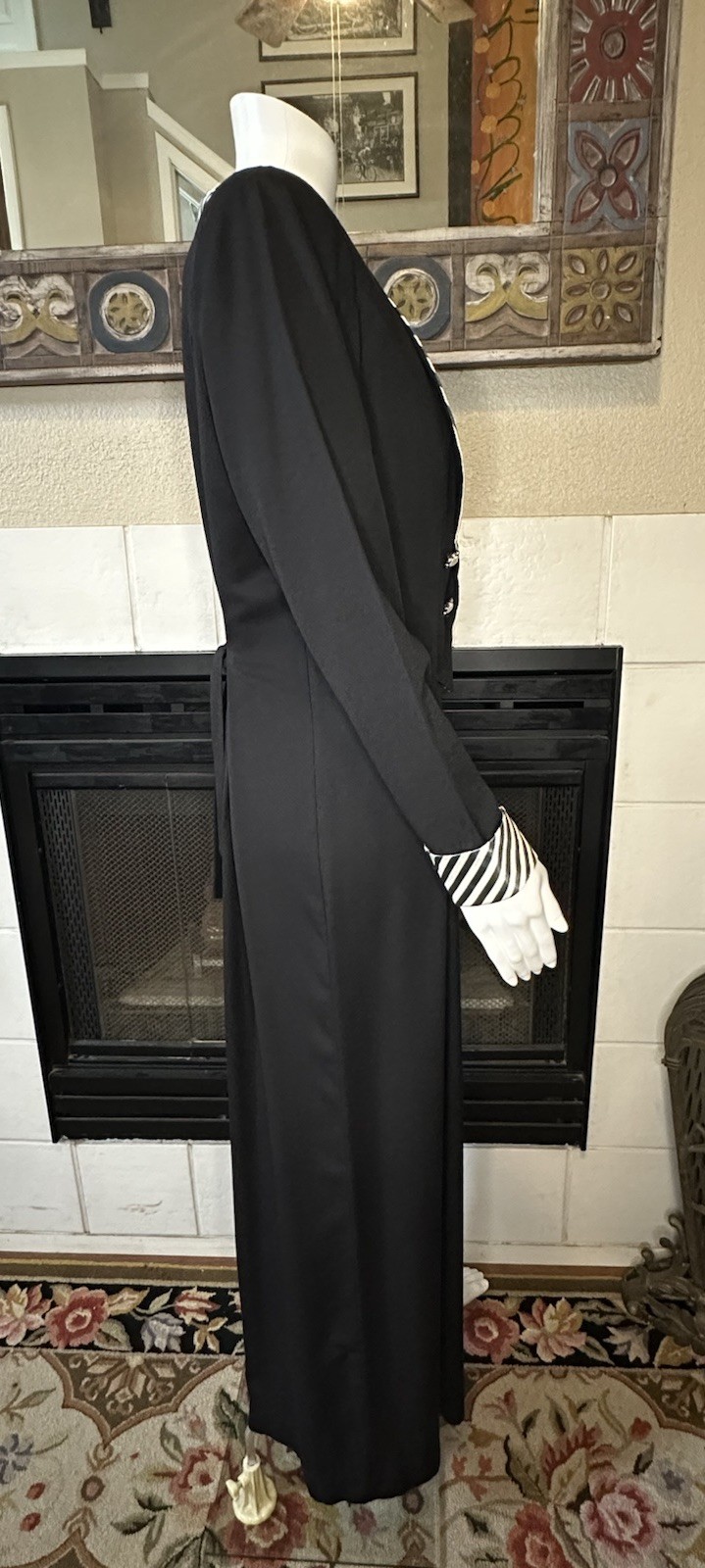 Vintage Black Striped Shawl Collar Wide Leg Palazzo Tie Back Tuxedo Jumpsuit